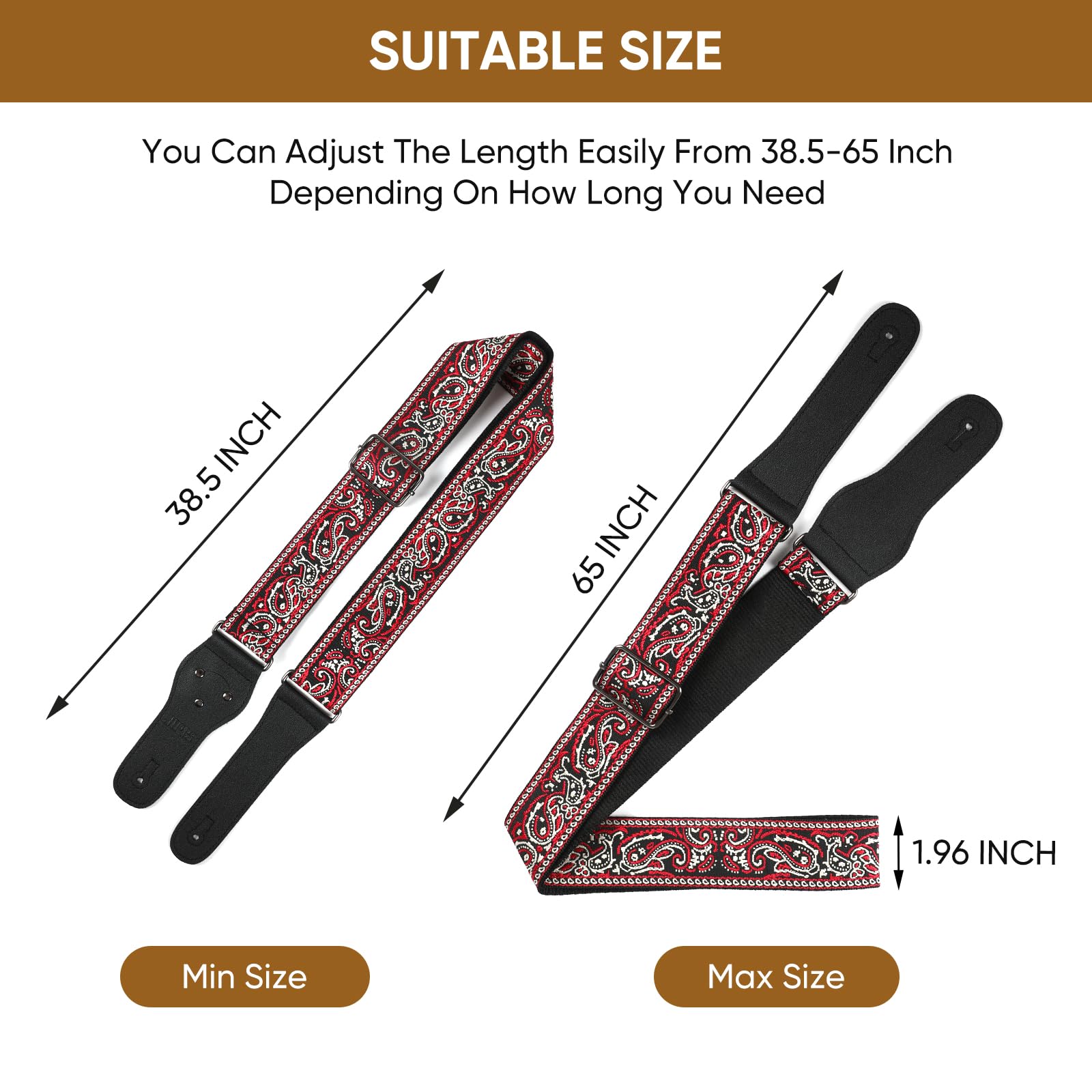 JIPIS Embroidered Cotton Guitar Strap – Adjustable Length with Anti Slip Buckles, Free Head Strap, 3 Guitar Picks (GS-08-1 Red Embroidery)
