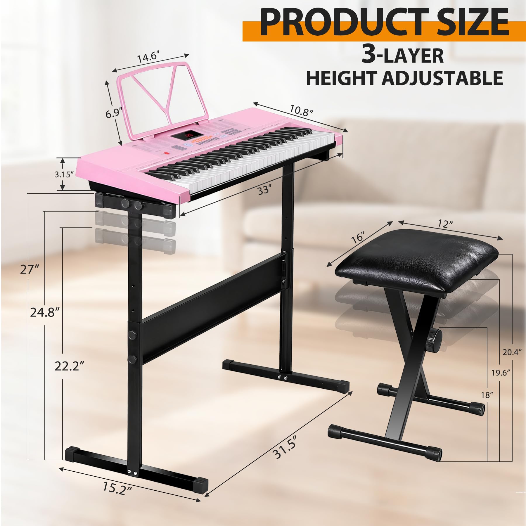 Smartxchoices 61-Key Electronic Keyboard Piano Stand Portable LED Display Keyboard Kit with Adjustable Stand, Adjustable Stool, Headphones, Microphone & Music Rest, Pink