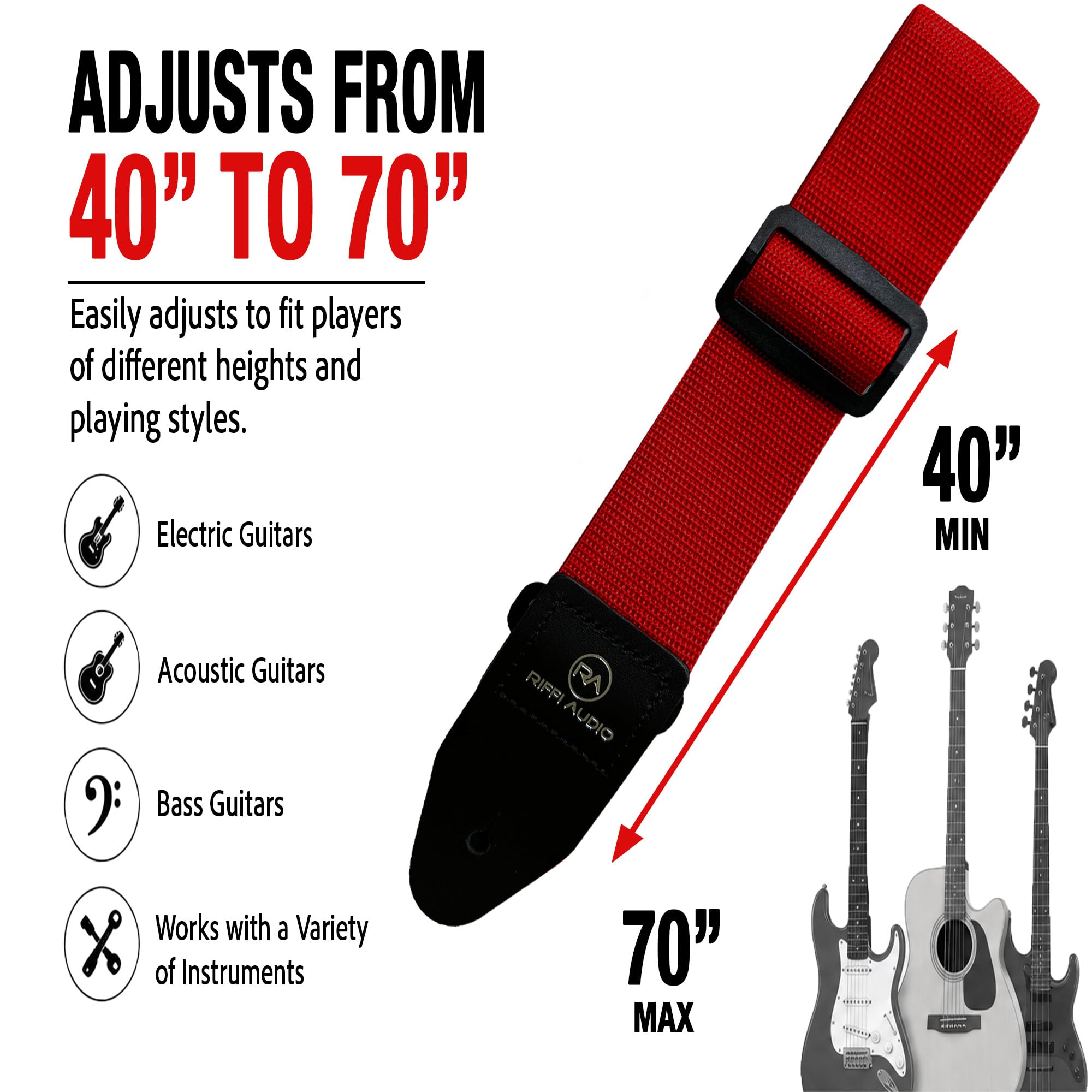 Riffi Audio Lite 1.0 Adjustable 2″ Wide Guitar Strap With Pick & Locks For Acoustic, Electric, And Bass Guitars (Red)