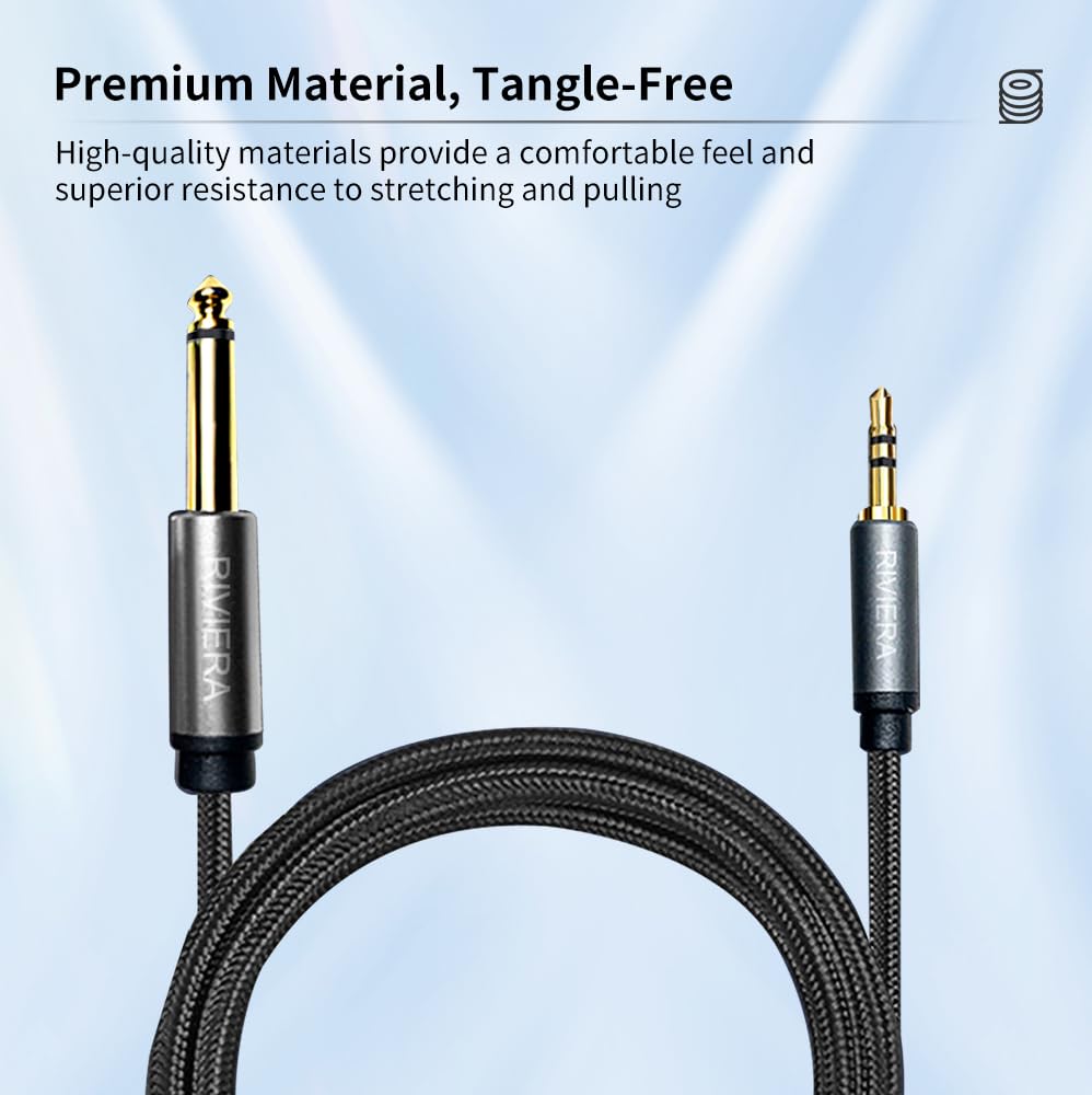 RIVIERA 6FT/1.8M Audio Cable 3.5mm 1/8″ TRS to 6.35mm 1/4″ TS Braided Sheild Pure Copper Wire and 24K Gold Plated Low Noise Cable with Braided Nylon Jacket for Digital Players & Musical Instruments