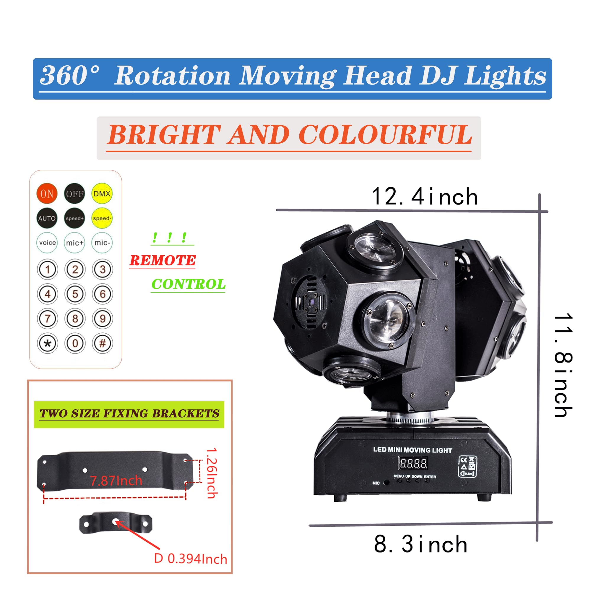 Remote Control Moving Head DJ Light 12LEDs Rotating Stage Beam Lights Uplighting Pinspot Lights for DJ KTV Disco Party Wedding Concert Festival