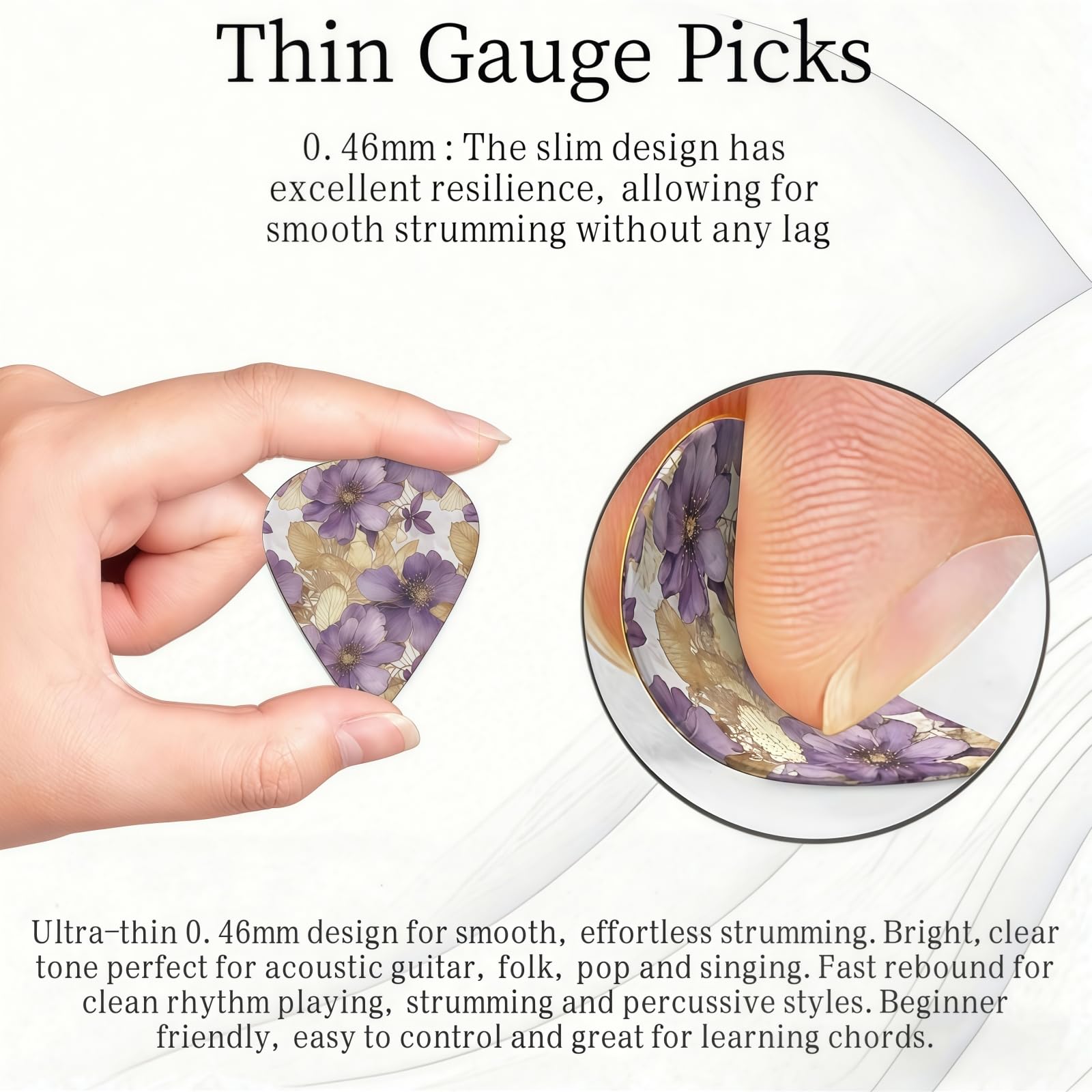 KWSAAHU 0.46mm Thin Guitar Picks – Golden Purple Floral