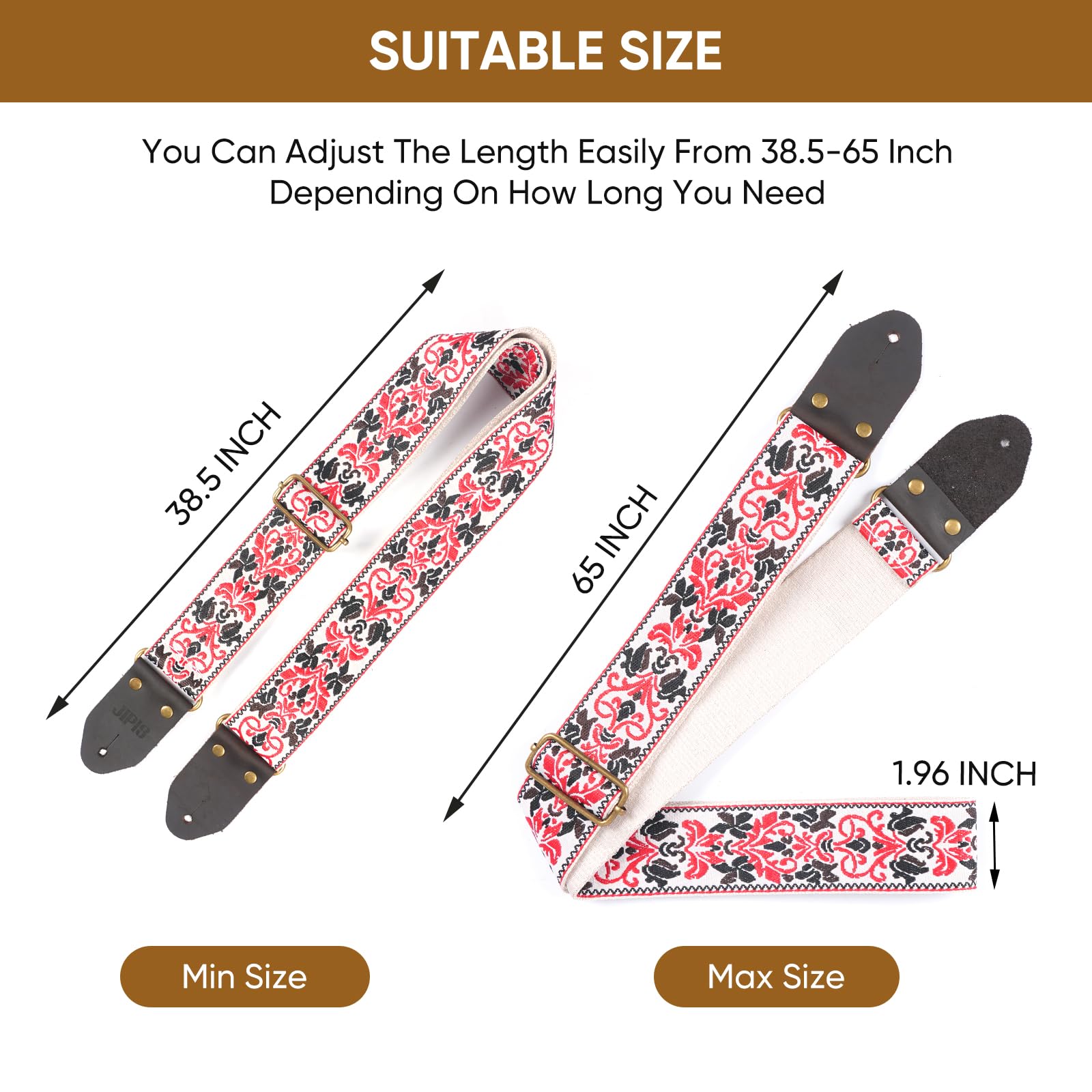 Guitar Strap,Jacquard Cotton Guitar Straps with Real Leather Ends for Acoustic,Electric Guitars and Bass,with Free 1 Head strap, 2 Anti Slip Buckle and 3 Guitar Picks (GS-75-5 Meter red jacquard)