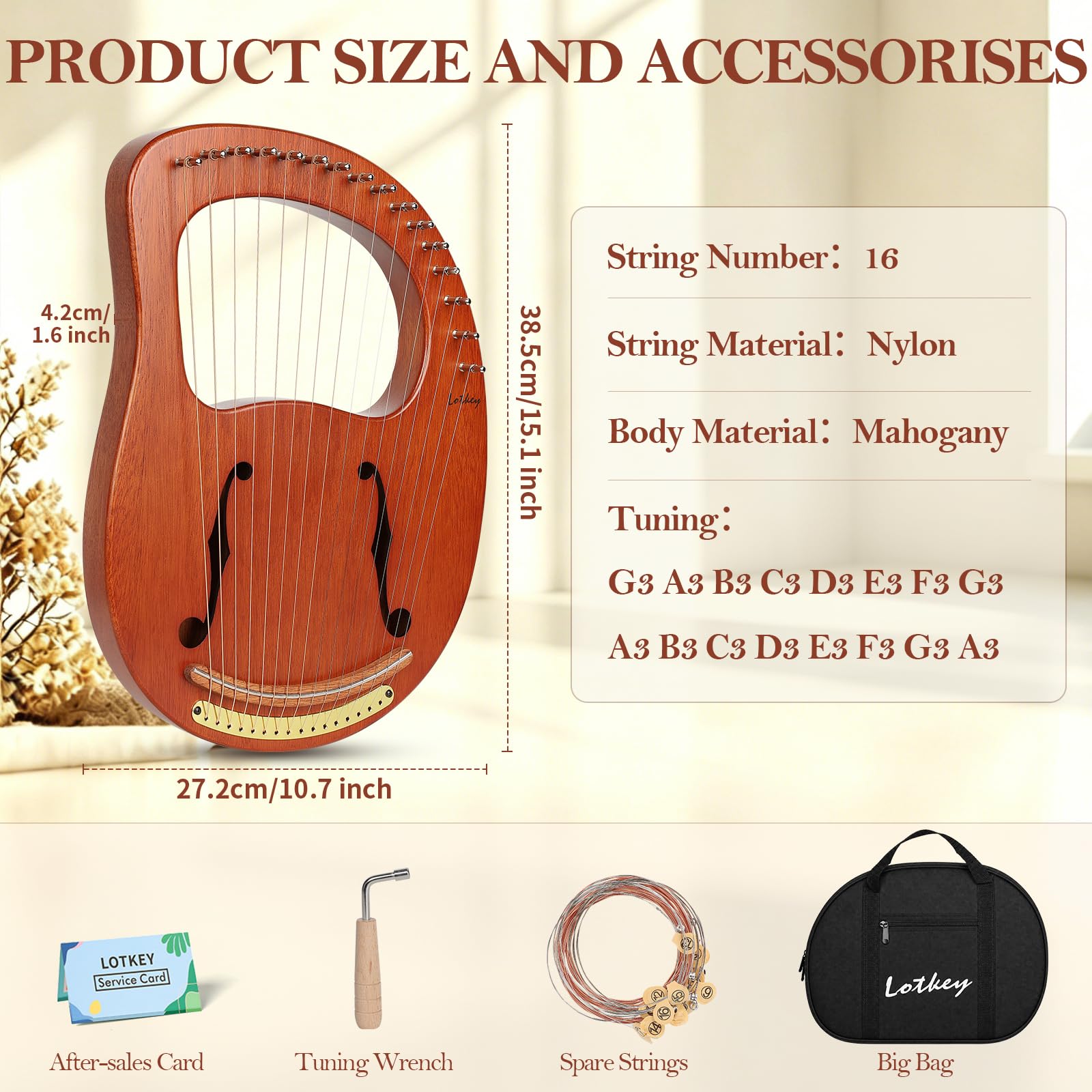 Lotkey Lyre Harp,16 Metal Strings Iron Saddle Mahogany Lyre Harp with Tunning Wrench, Extract Strings, Manual and Gig Bag