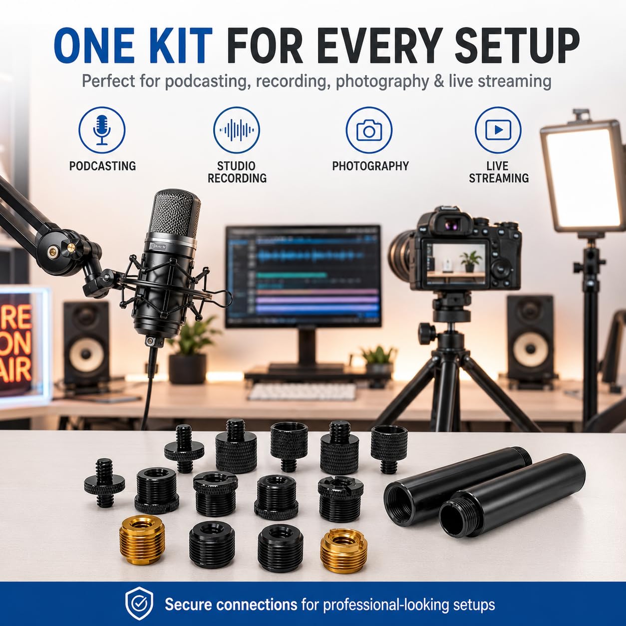 16 Pack Mic Stand Adapter Kit with Extension Tubes, 1/4, 3/8 and 5/8