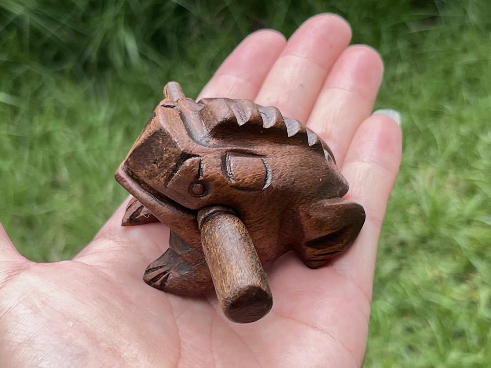 2.75 Inch Dark Brown Wooden Frog Guiro Percussion Instrument with Scraper Stick, Hand Carved Wood Frog Noise Maker for Music Education, Classroom, Meditation.