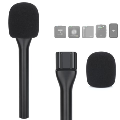Handheld Wireless Mic Stand with Foam Cover, Interview Microphone Holder Adapter Compatible with Rode Wireless GO, GO II & Wireless PRO, DJI Mic 2, Portable Grip Handle for Vlogging and Recording
