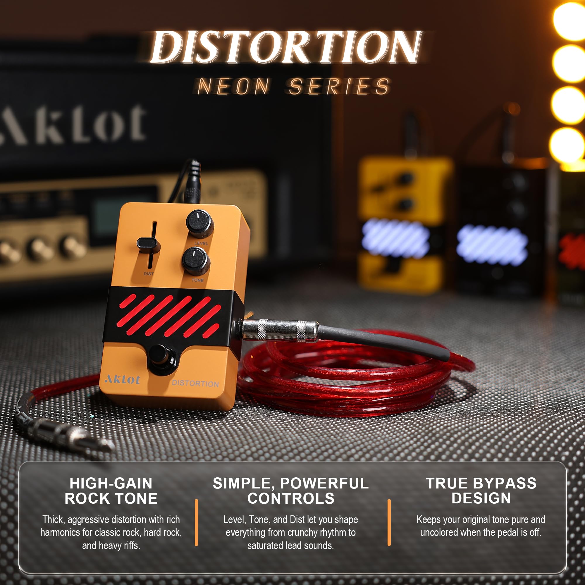 AKLOT Classical Distortion Guitar Pedal: Classic Rock Distortion Pedal with DIST/LEVEL/TONE Controls, True Bypass Compact Metal Pedal for Electric Guitar, Rock, Blues, Punk, NEON Riot