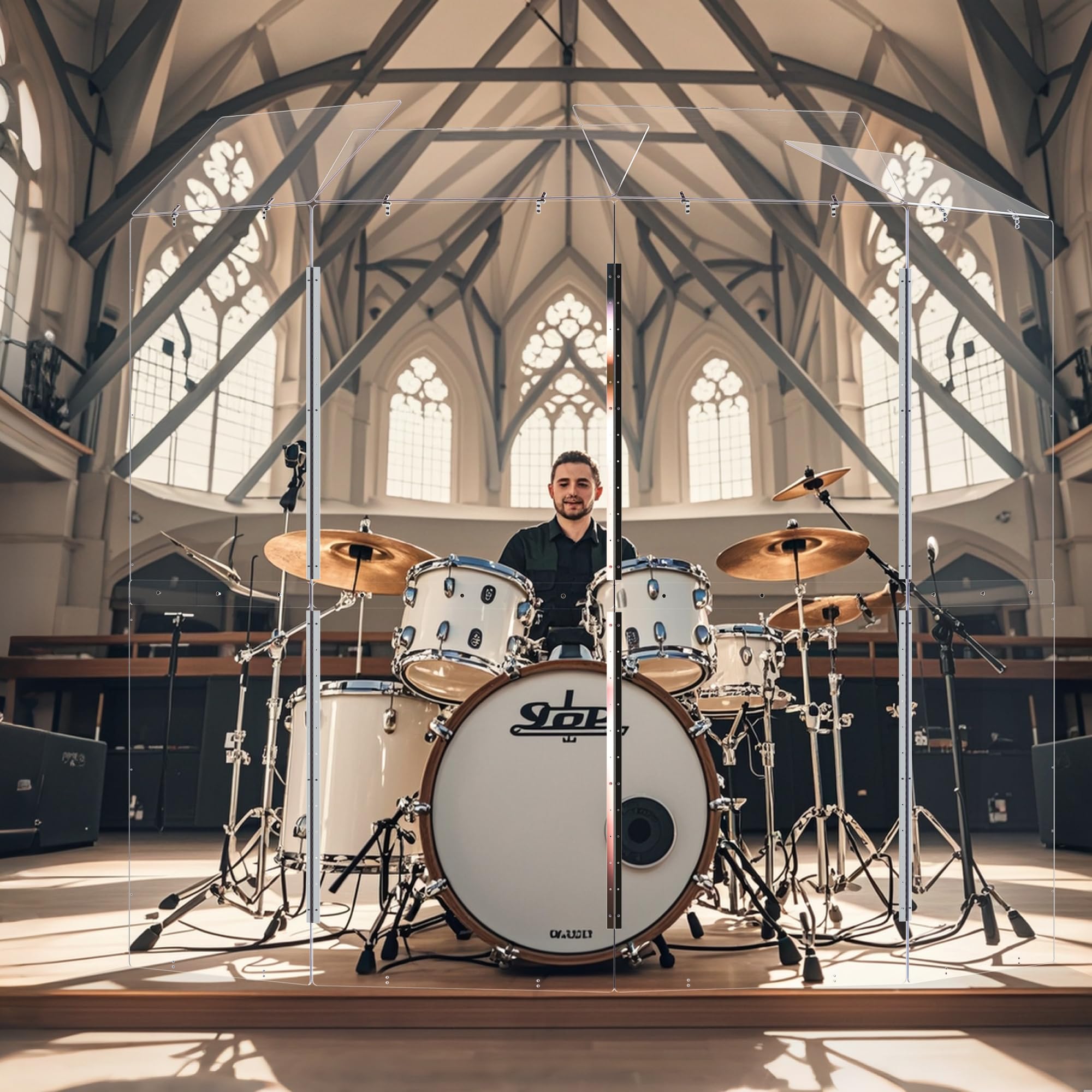 Portable Drum Shield | 5 Panels 2ft x 5ft w/Deflectors | Converts to 2ft x 6ft | Factory-Installed Full-Length Stainless Steel Hinges | Acrylic drum Sound Barrier (5 Panels w/Deflectors)