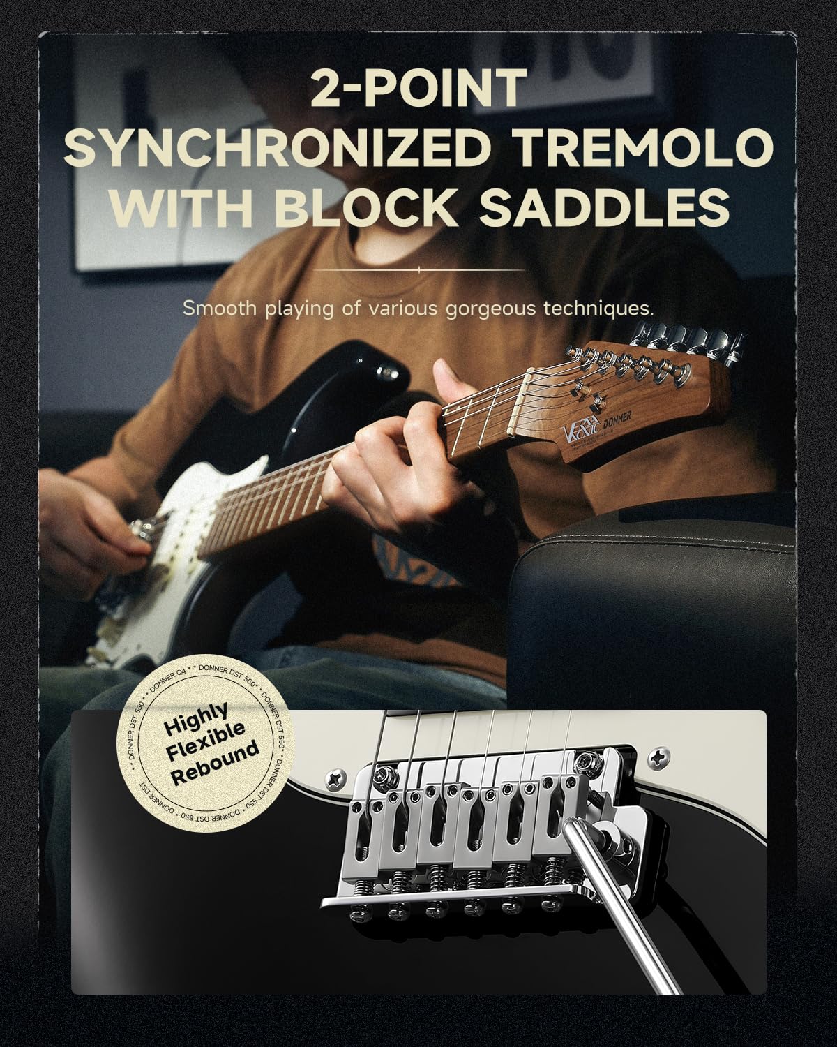 Donner 39 Inch Electric Guitar, DST-550 Solid Double-cut Poplar Body Electric Guitar for Intermediate & Pro Players, 7 Tone-switching Options & Tremolo Bridge, Bonus Bag- Black