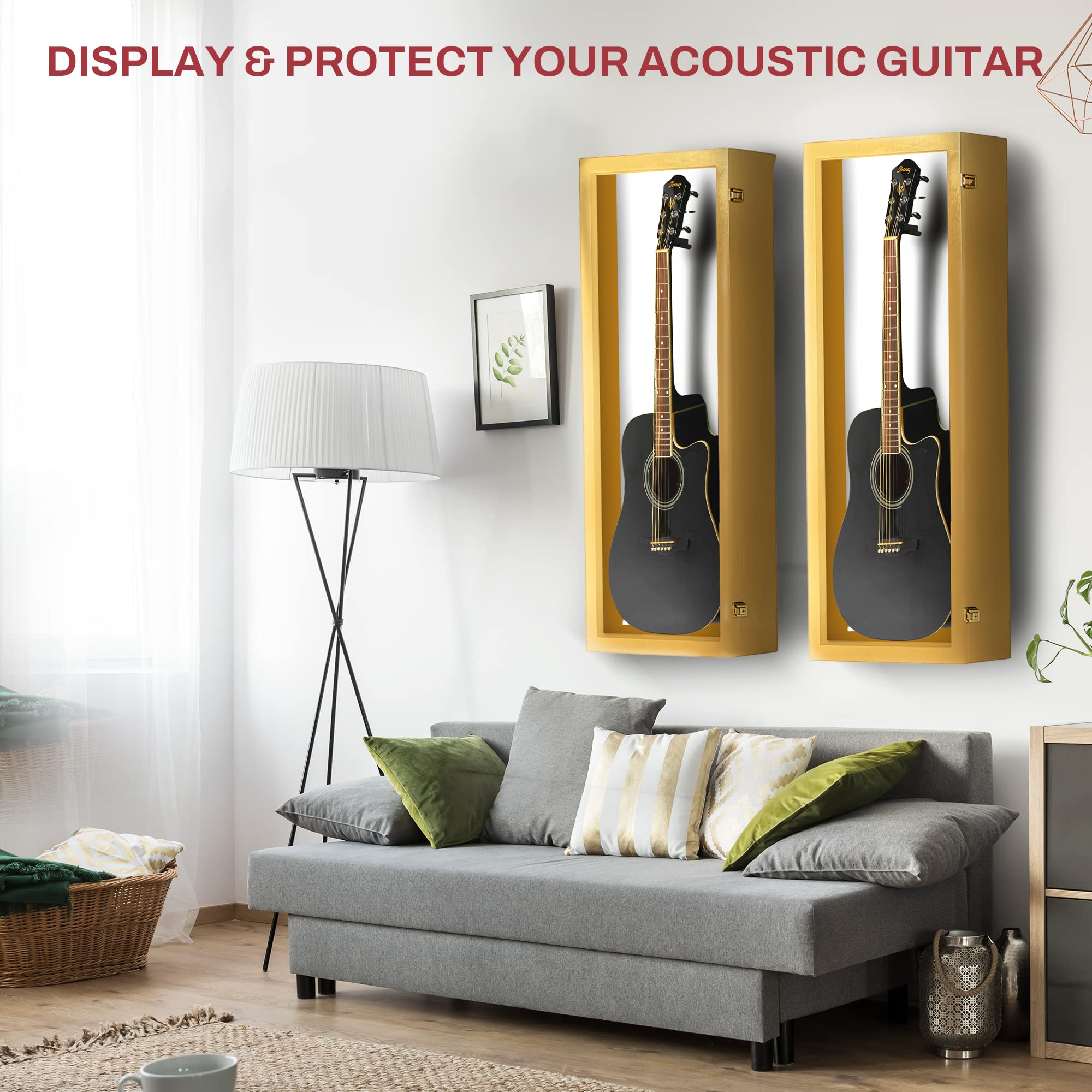 PENNZONI Acoustic Guitar Display Case – Acrylic Acoustic Guitar Case – Guitar Display Case Wall Mount Made from Hardwood Frame & Clear Acrylic – Golden Oak w/Felt White