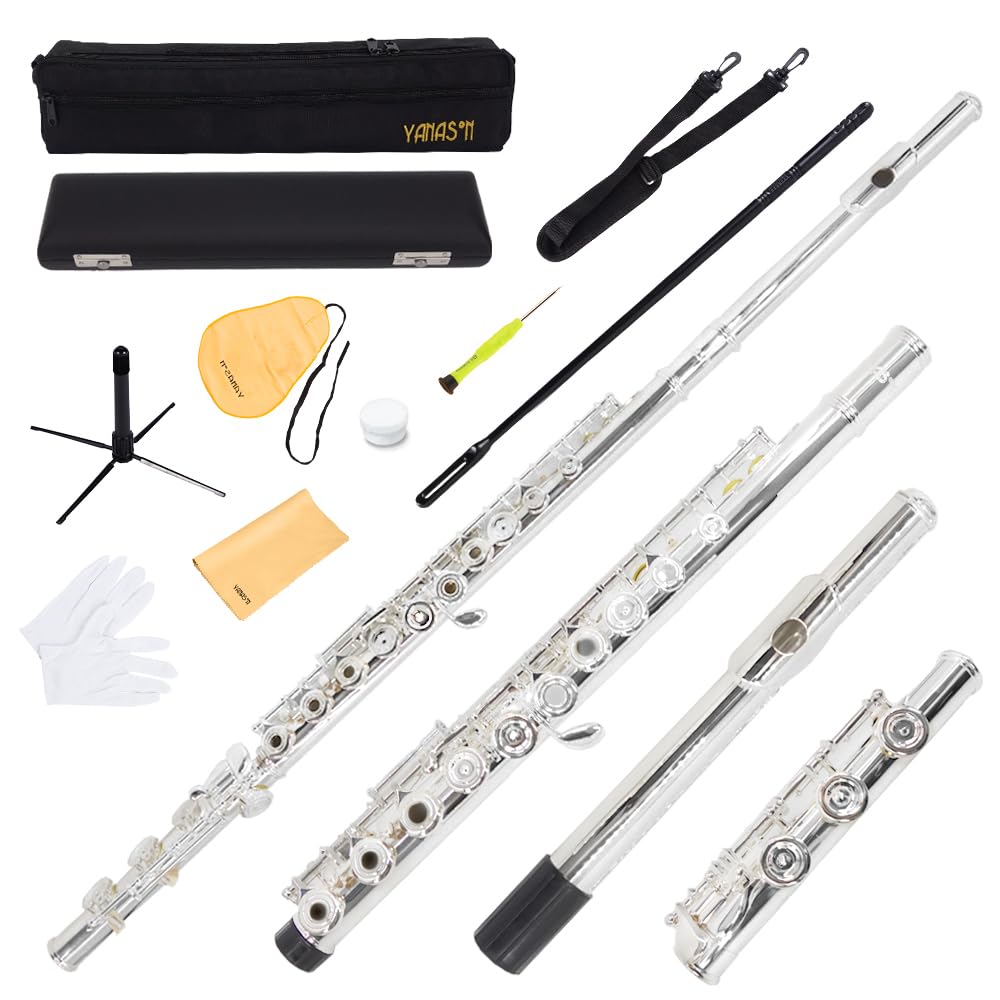 YANASON C Flute Open Hole 17 Keys Flute Silver-plated for Beginner, Professionals and Musicians with Leather case, Metal stand, Gloves, Tuning Rod, Cleaning kit(17 Silver)
