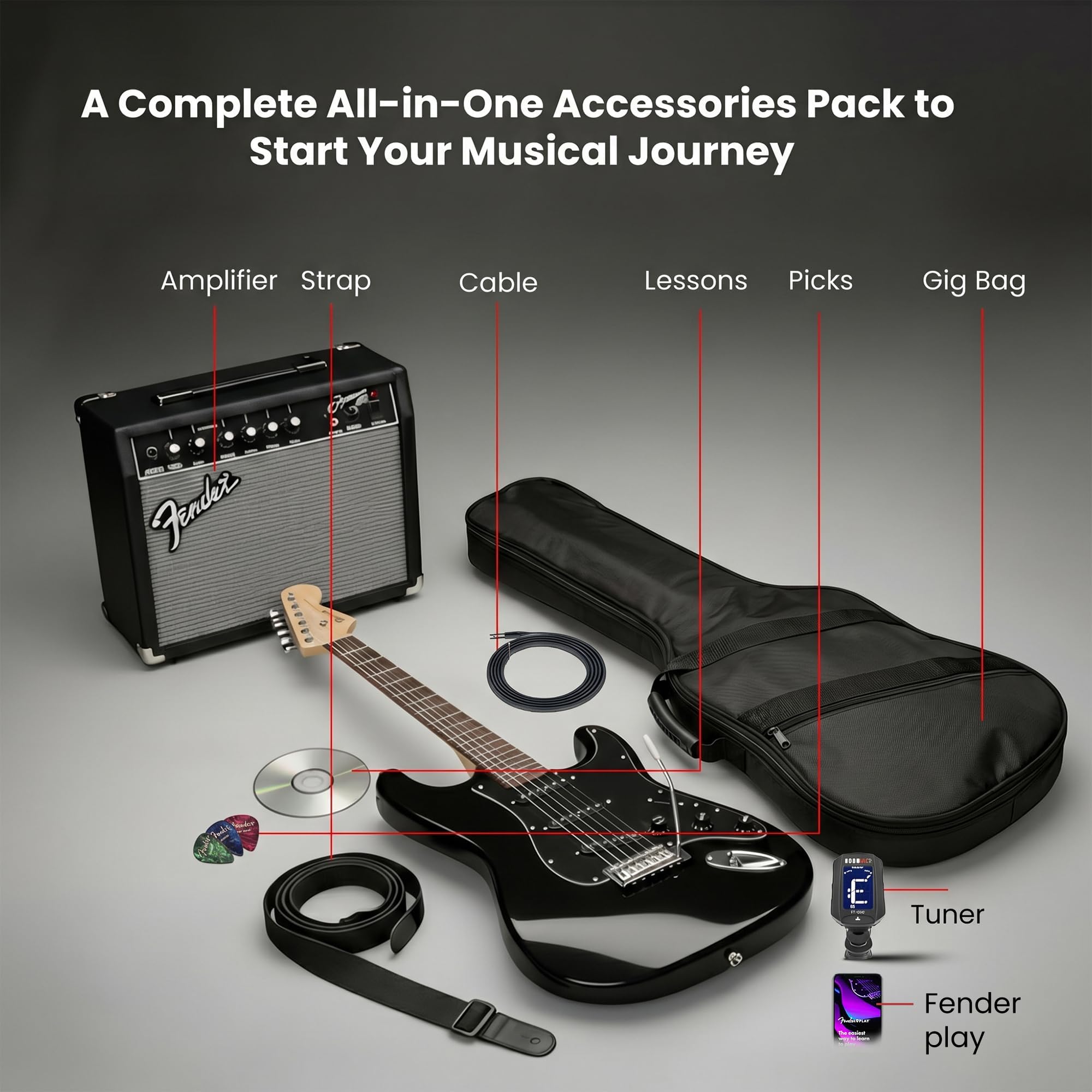 Fender Squier Affinity Stratocaster HSS Pack – Charcoal Frost Metallic Bundle with Frontman 10G Amplifier, Cable, Gig Bag, Tuner, Strap, Picks, and Austin Bazaar Instructional DVD