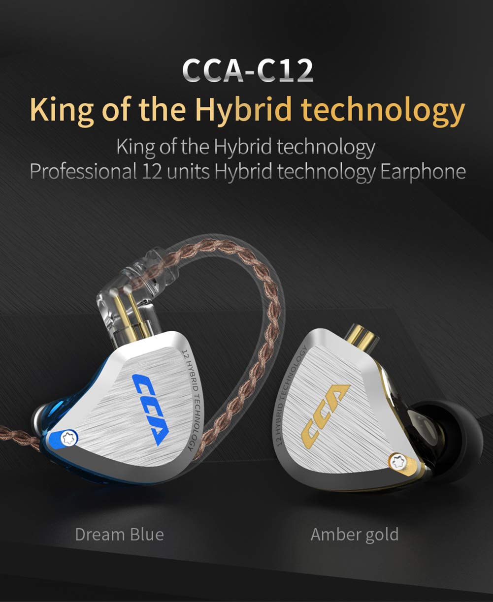CCA C12 in-Ear Monitors, 5BA+1DD Hybrid HiFi Stereo Noise Isolating IEM Wired Earphones/Earbuds/Headphones with Detachable Tangle-Free Cable 2Pin for Musician Audiophile (Without MIC, Dream Blue)
