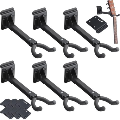 Therwen 6 Pcs Guitar Hanger Wall Mount Guitar Hangers Hooks Holders with Slat Adapter 180° Adjustable Black Hook Stand Wall Mount for Acoustic Electric Bass