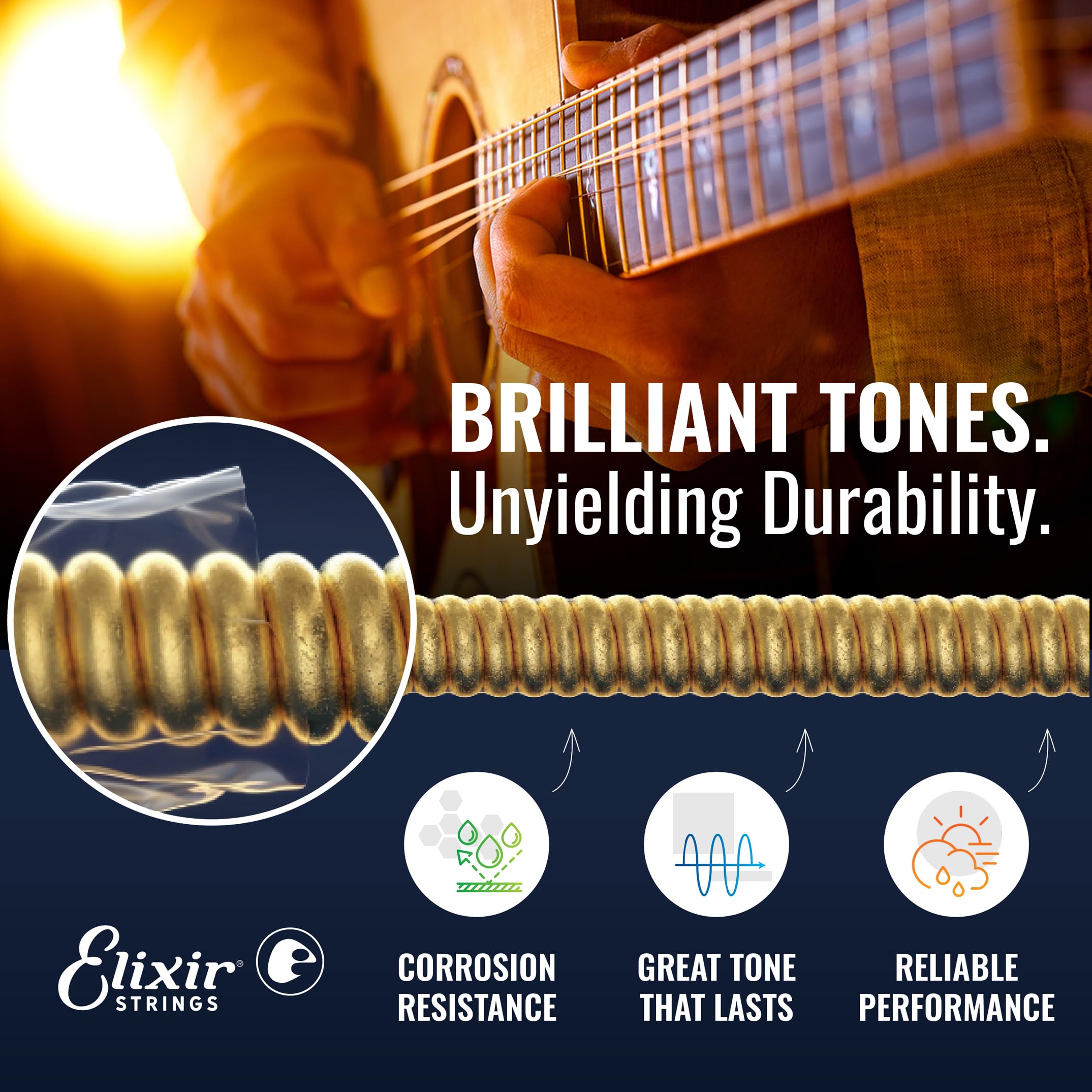 Elixir Strings, Acoustic Guitar Strings, 80/20 Bronze with NANOWEB Coating, Longest-Lasting Bright and Focused Tone with Comfortable Feel, 6 String Set, 3 Pack, Custom Light 11-52