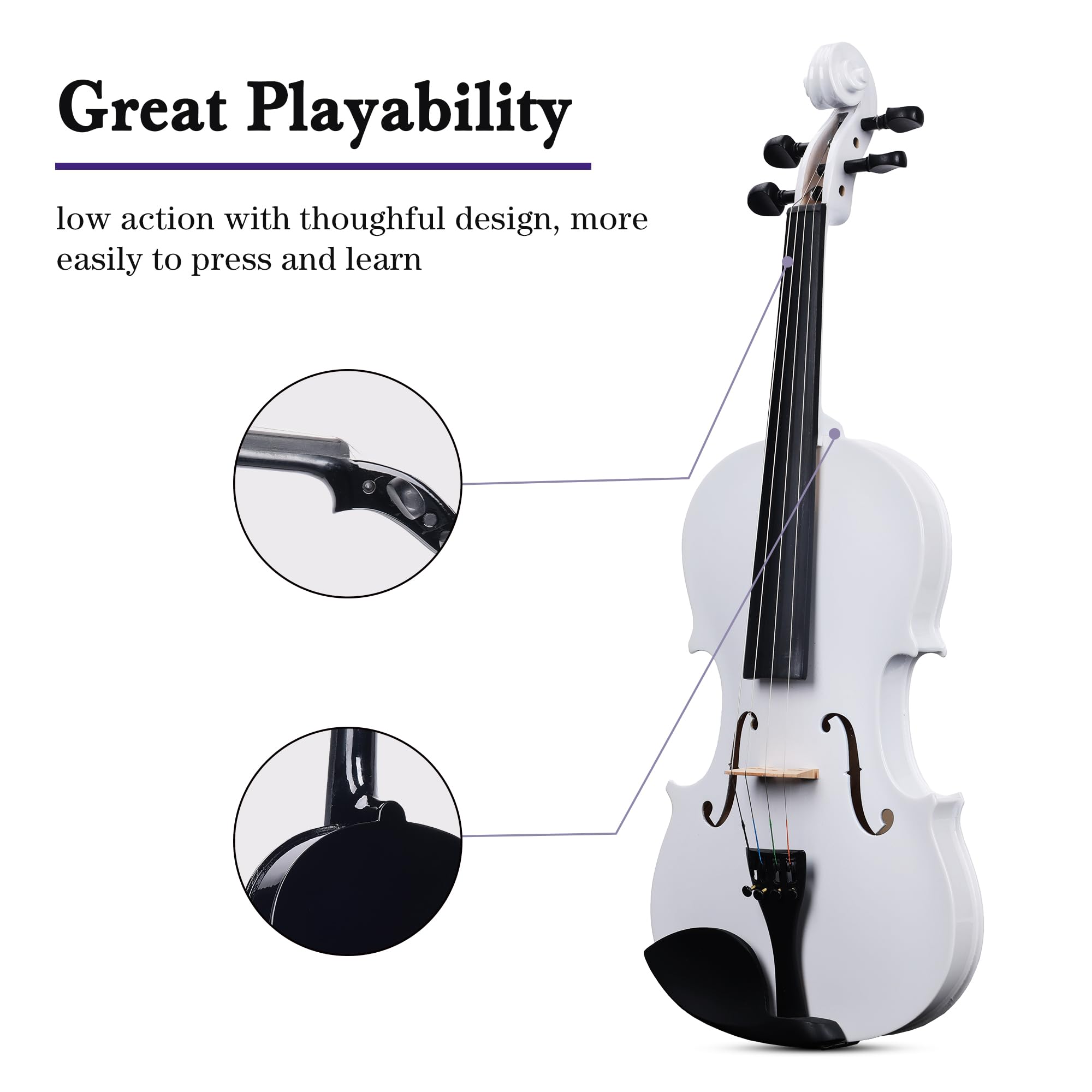 ADM Acoustic Violin for Kids Beginners, 3/4 Size Acoustic Violin Fiddle for Teens Students Violin Starter Kit with Hard Case, E-Tuner, Rosin, Shoulder Rest, Bow, Extra Strings, Free Lessons, White