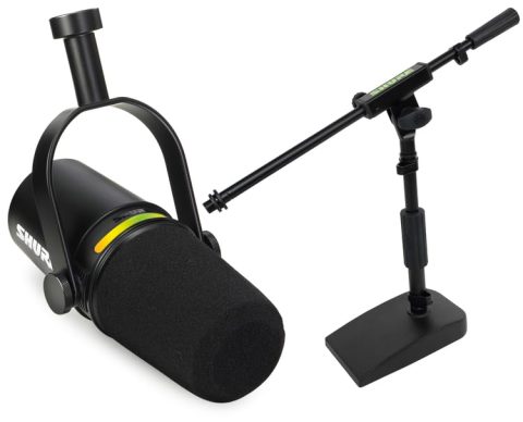Shure MV7+ Podcast Dynamic Microphone with Low Profile Mic Stand. OBS Certified, Enhanced Audio, LED Touch Panel, USB-C & XLR Outputs, Auto Level Mode, Digital Pop Filter, Reverb -Black