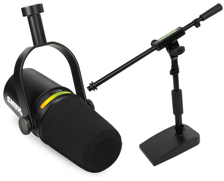 Shure MV7+ Podcast Dynamic Microphone with Low Profile Mic Stand. OBS Certified, Enhanced Audio, LED Touch Panel, USB-C & XLR Outputs, Auto Level Mode, Digital Pop Filter, Reverb -Black