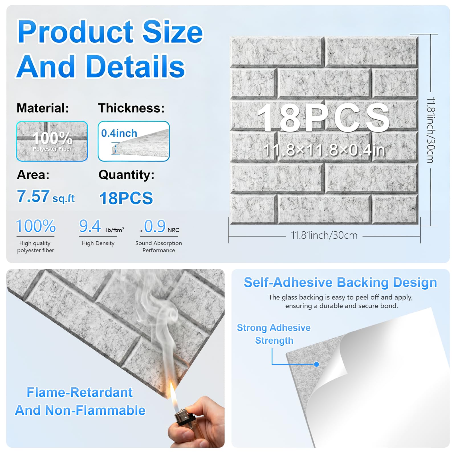 18 Pack Acoustic Panels,Sound Proof Foam Panels for Walls,High Density Self-Adhesive Noise Reduction Panels,Flame Retardant, Flame Retardant & Echo-Absorbing Ideal for Home DIY, 12″ X 12″ X 0.4″ Grey