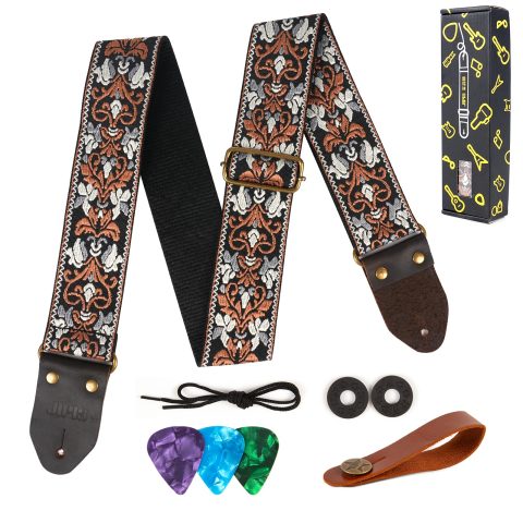 JIPIS Guitar Strap,Jacquard Cotton Guitar Straps with Real Leather Ends for Acoustic,Electric Guitars and Bass,with Free 1 Head Strap, 2 Anti Slip Buckle and 3 Guitar Picks(GS-75-4 Retro Jacquard)