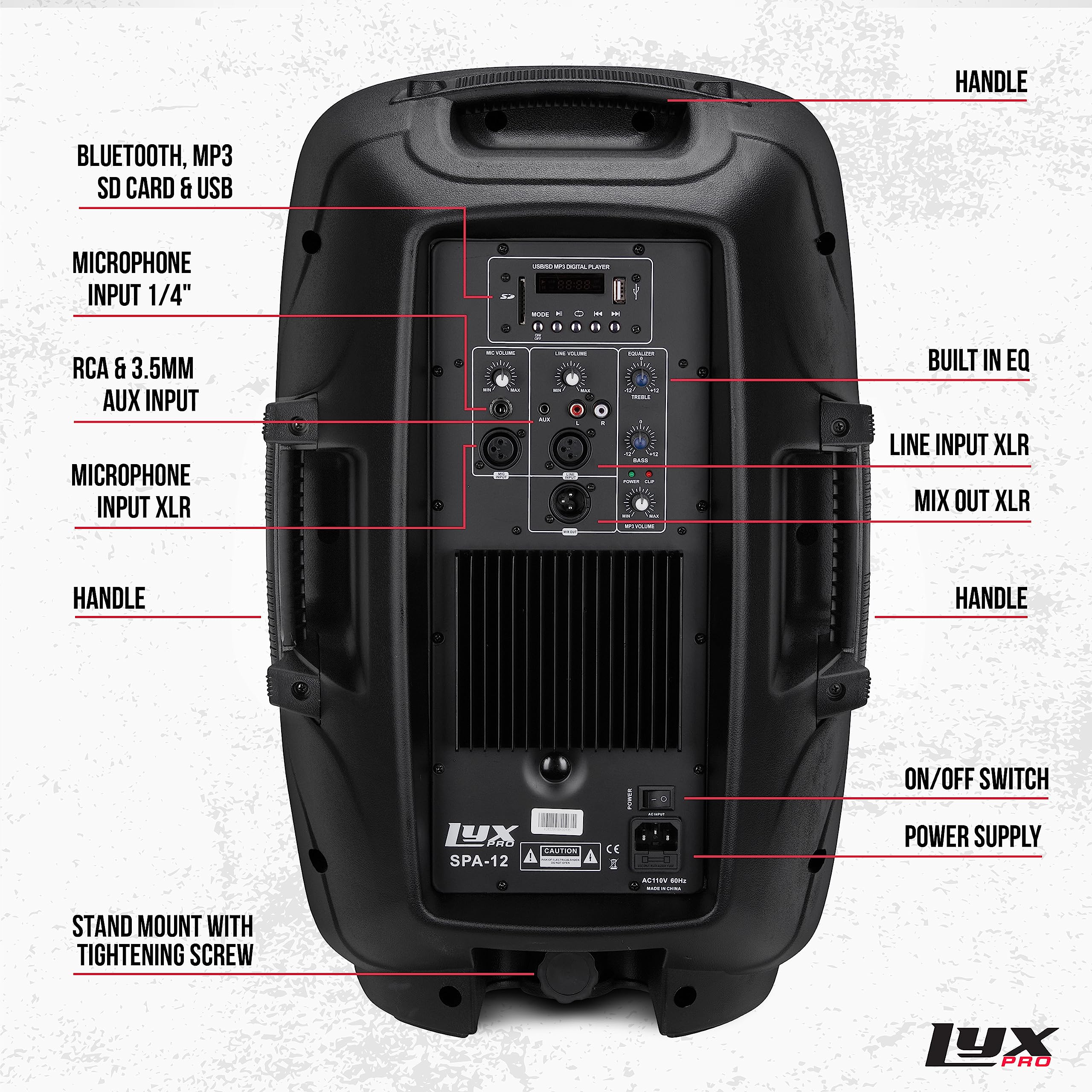 LyxPro 12″ PA System Powerful Compact PA Portable Active Speaker System with Equalizer, Bluetooth, SD Card Slot, USB, MP3, XLR, 1/4″, 3.5mm Input Connections – SPA-12