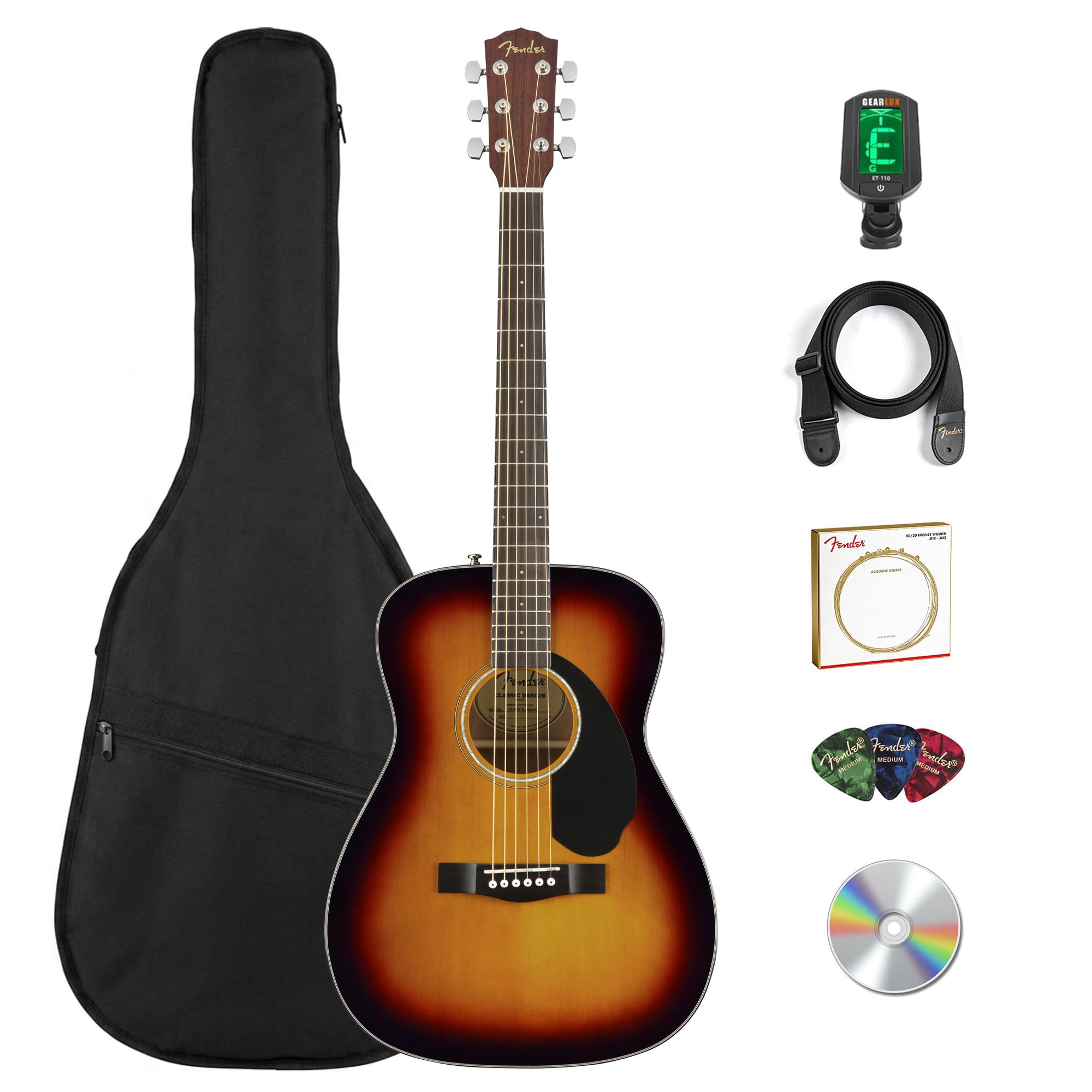 Fender CC-60S Left-Handed Concert Size Acoustic Guitar Bundle with Gig Bag, Tuner, Strap, Strings, Picks, and Austin Bazaar Instructional DVD – Natural