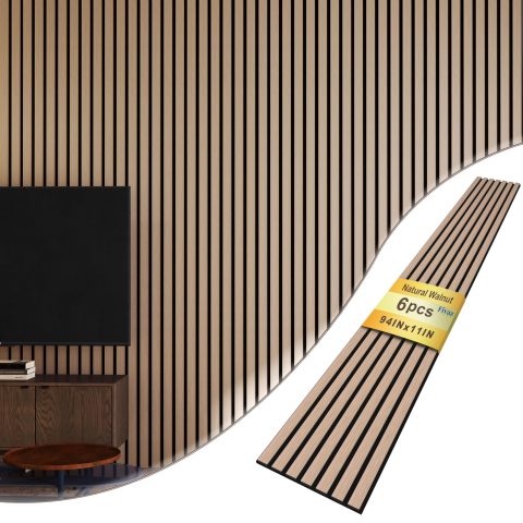 Fivaz 6 Pcs 94″ × 11″ Wood Panels for Wall, Soundproof Wood Slat Wall Paneling, Stylish Decor Acoustic Wall Panels for Wall and Ceiling, Odor-Free & Easy to Install, Natural Walnut