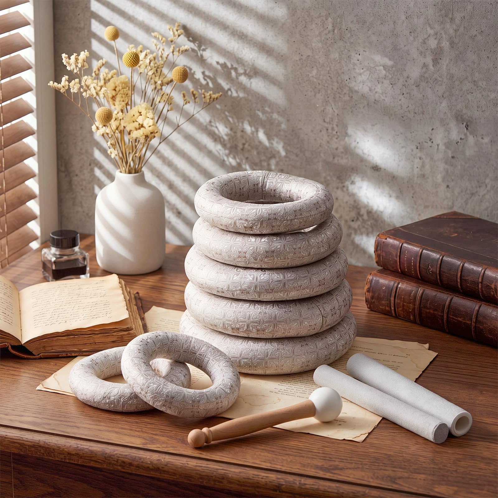 Fiada Singing Bowl Cushion Set, 7 Silk Rings & 3 Mallets, 6-12″, Silver