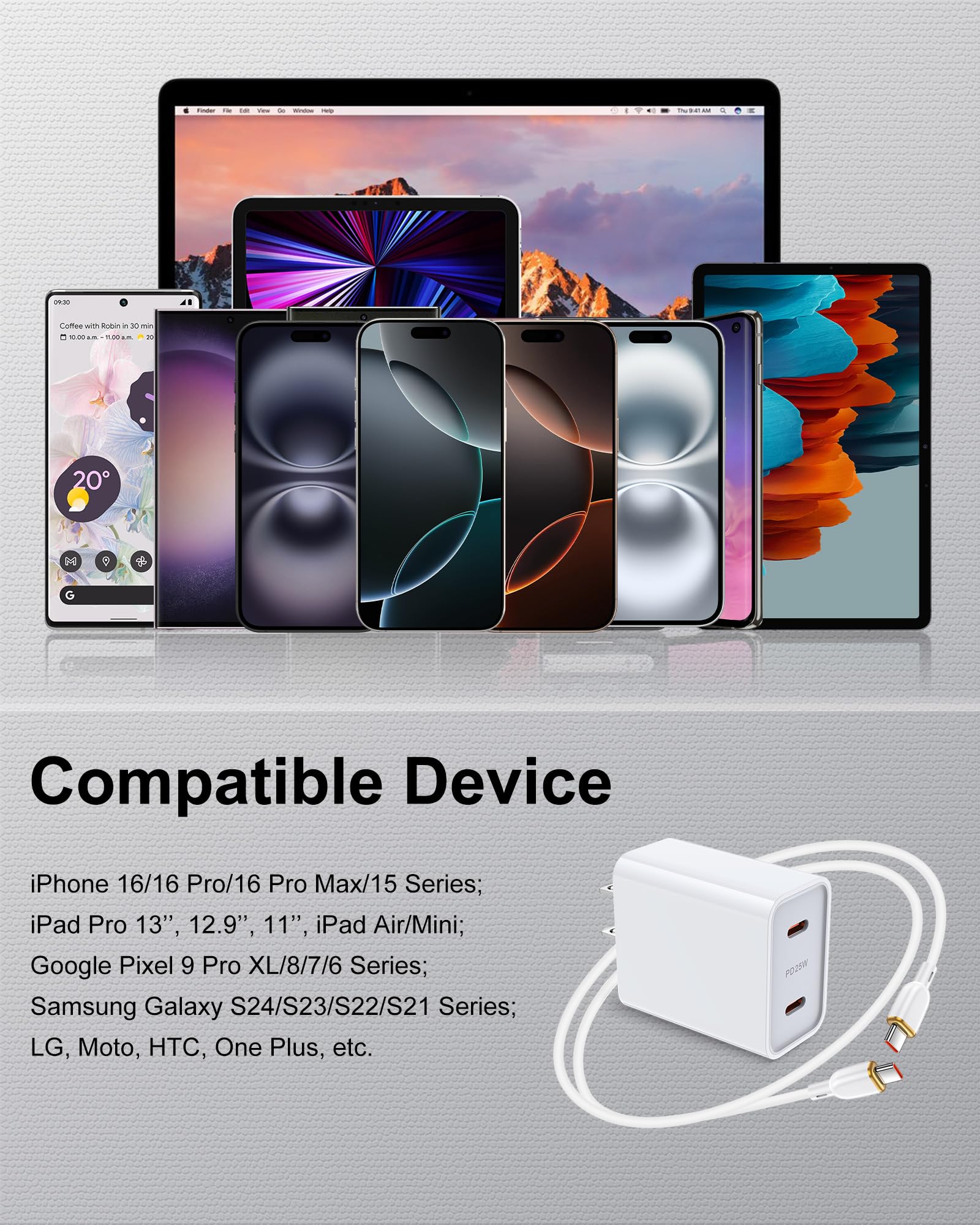 iPhone 17e 16e Type C Charger Fast Charging for Apple 17 Pro Max/17Pro/Air/17/16e/16 Pro Max/16Pro/16Plus/16/15Pro Max/15 Pro/15Plus/15, 25w Dual USB-C Charger Block and Cable for Galaxy S26 S25 S24