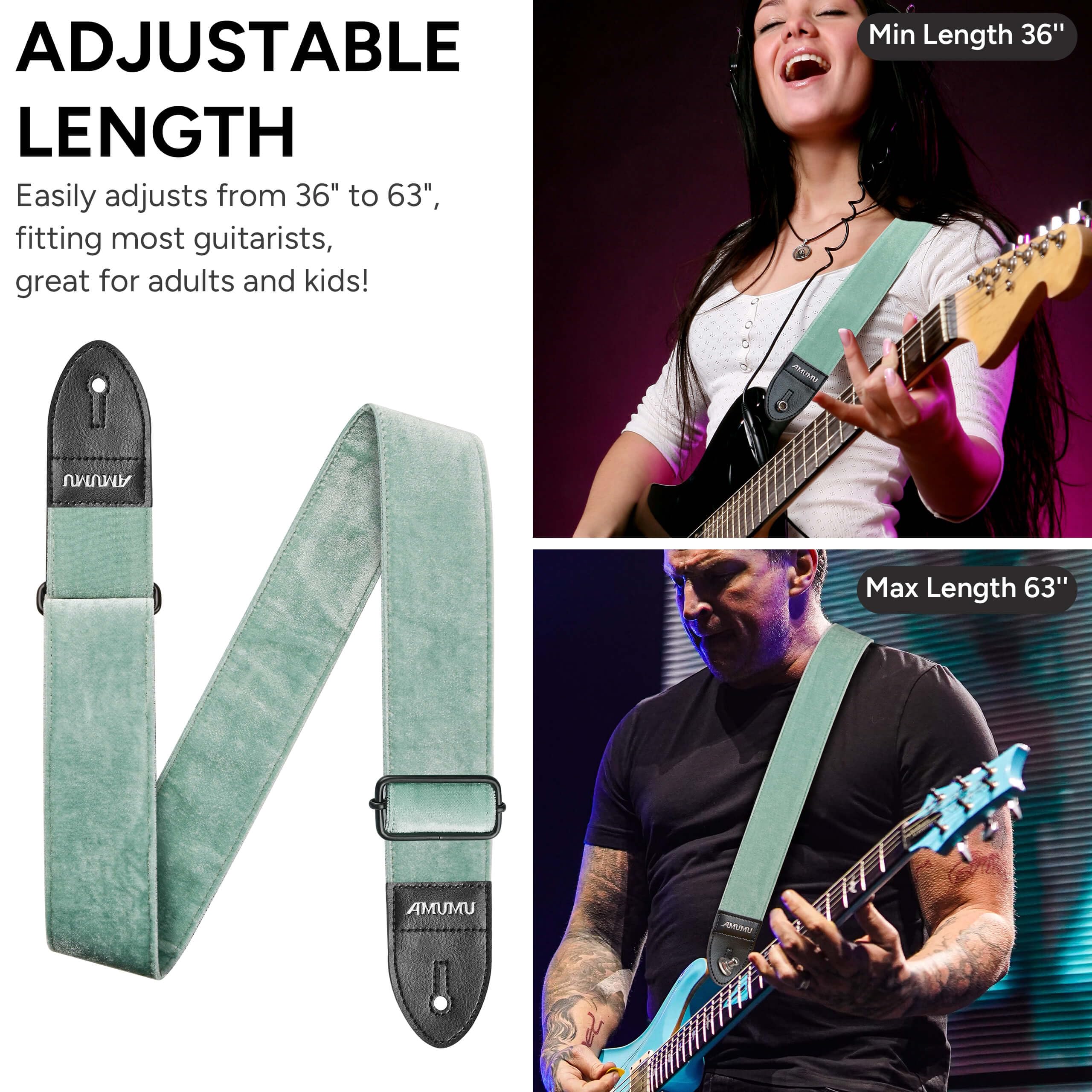 Amumu Flocked Velvet Guitar Strap with Microfiber Leather Ends – Guitar Accessories – Fits Acoustic, Bass, Electric Guitar -Mint Green