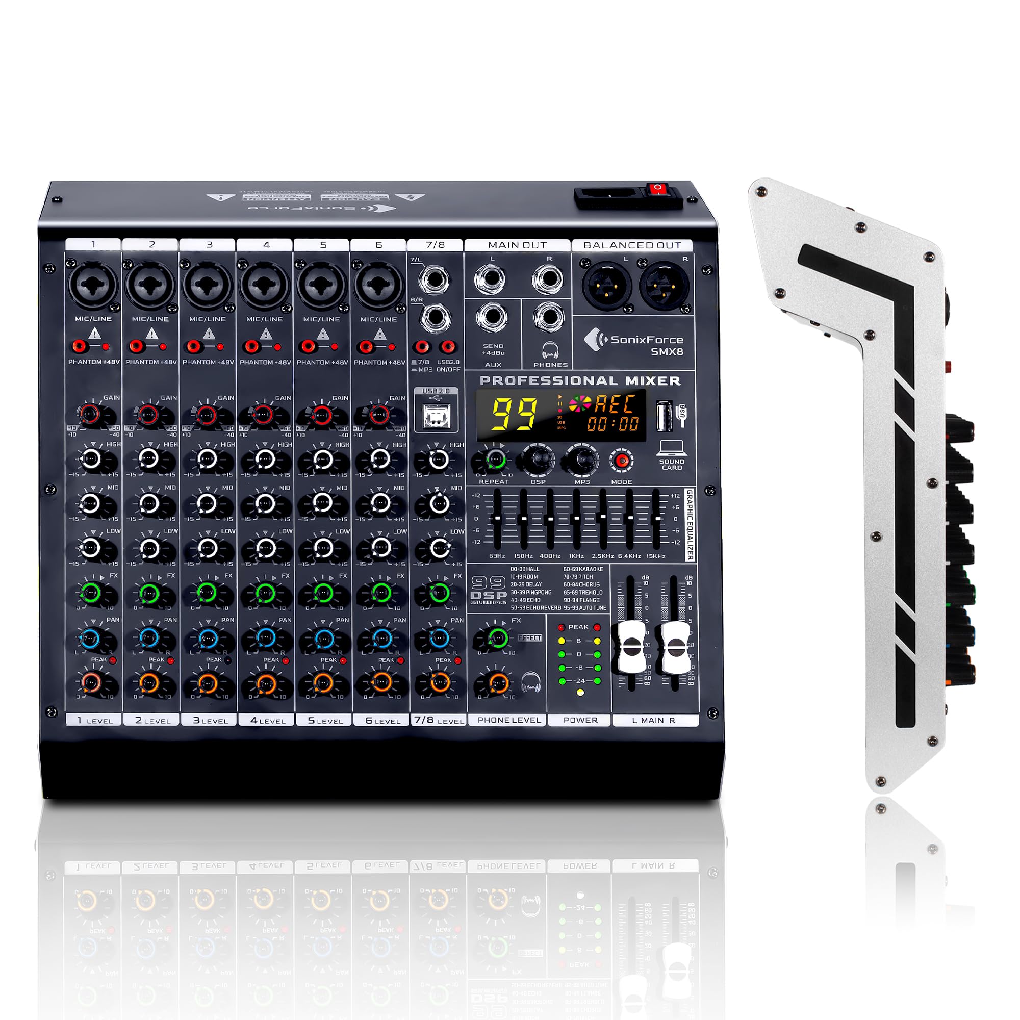 SonixForce 8 Channel Audio Mixer, 99 DSP Effects Sound Board Console