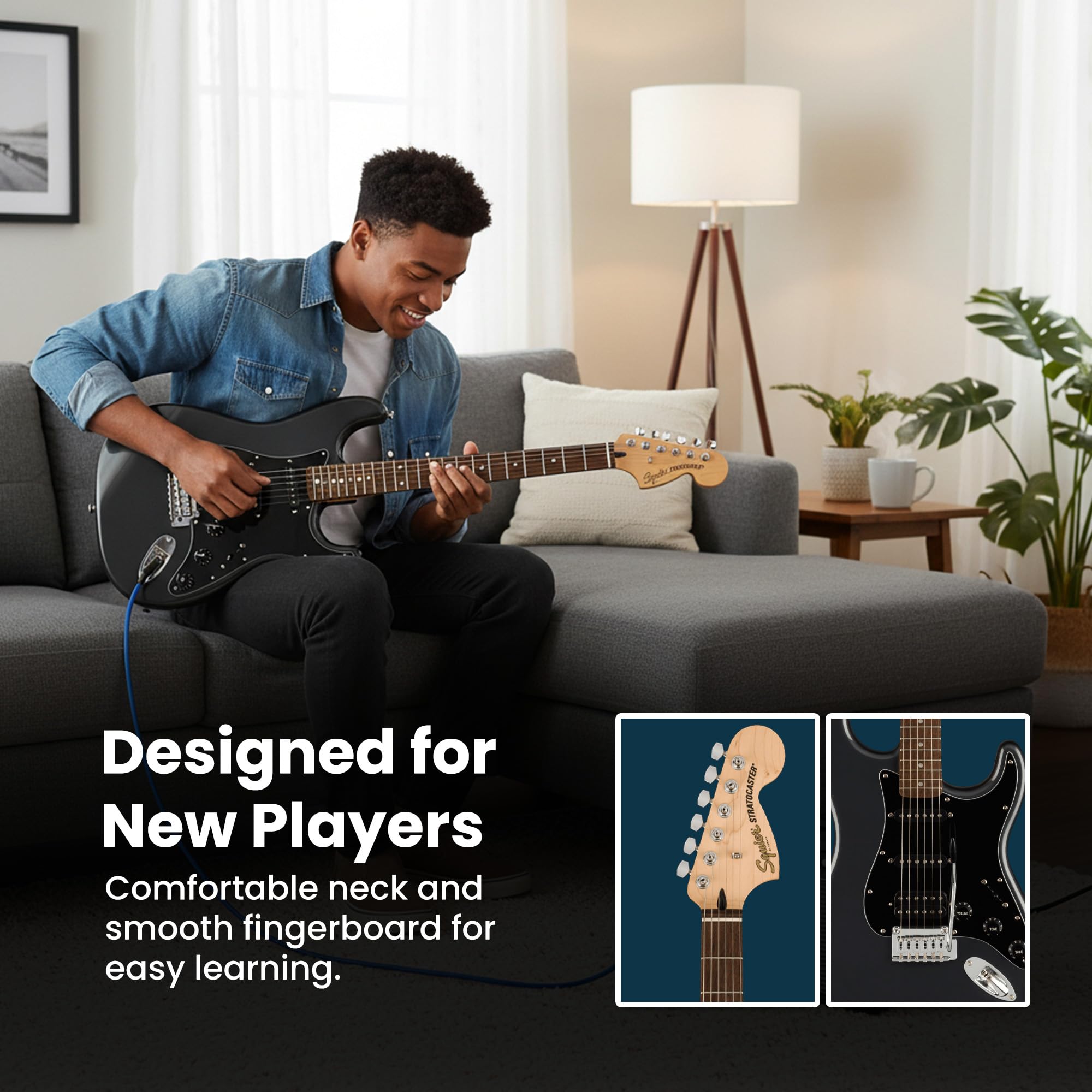 Fender Squier Affinity Stratocaster HSS Pack – Charcoal Frost Metallic Bundle with Frontman 10G Amplifier, Cable, Gig Bag, Tuner, Strap, Picks, and Austin Bazaar Instructional DVD