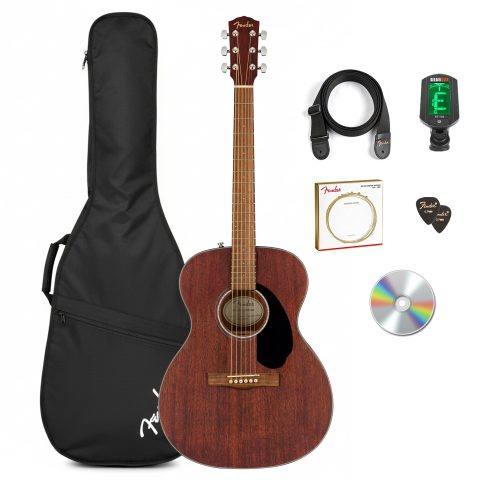 Fender CC-60S Solid Top Concert Acoustic Guitar – All Mahogany Bundle with Gig Bag, Tuner, Strap, Strings, Picks, and Austin Bazaar Instructional DVD