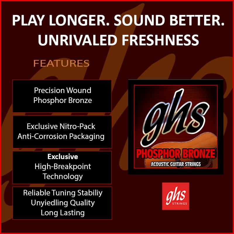 GHS Strings – Phosphor Bronze Acoustic Guitar Strings – Warm, Rich Tone, Balanced & Long-Lasting – For Acoustic, Fingerstyle, Strumming, Country, Rock, S325 Set (L) Light Gauge 13-56, 6 PACK