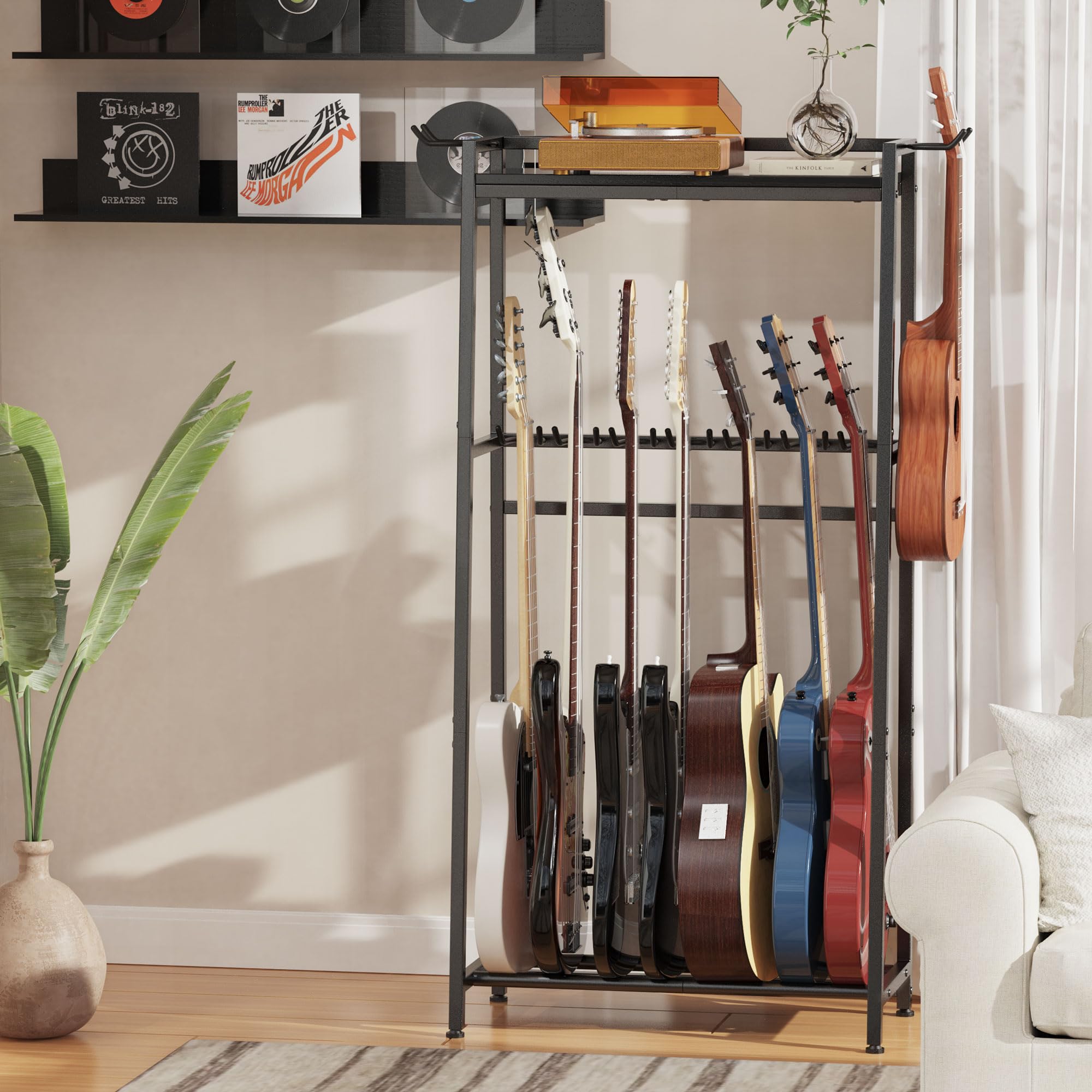 Vantimo Guitar Stand, Guitar Rack Holder for Acoustic Guitar, Electric Guitar, Bass Display Stand, Multiple Guitar Rack Holder for 7-9 Guitars, Guitar Amp Accessories, for Home Music Studio, Black