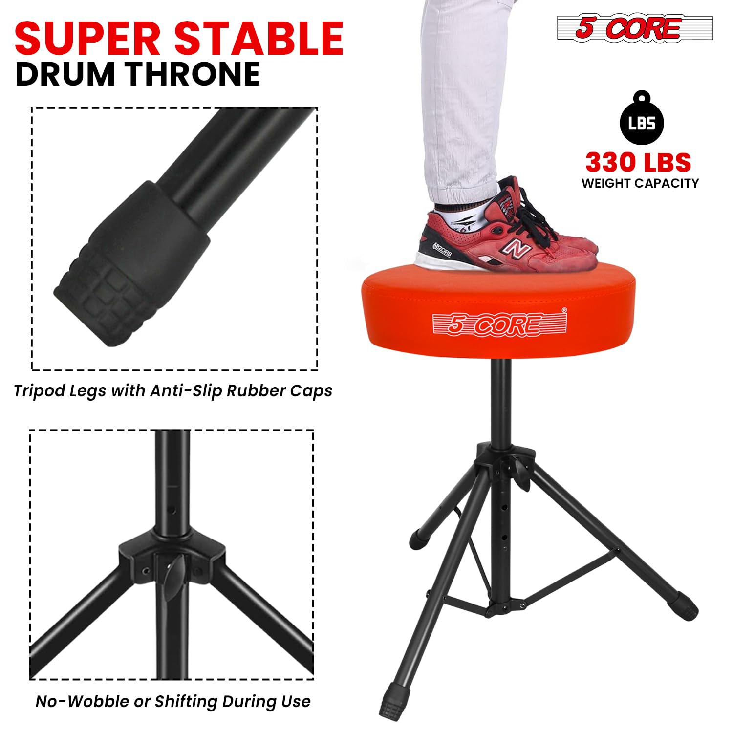 5 CORE Drum Throne Thick 3″ Padded Drum Seat Height Adjustable Drumming Stools with Anti-Slip Feet Musician Chair for Adults and Kids Drummers Orange – DS 01 ORG