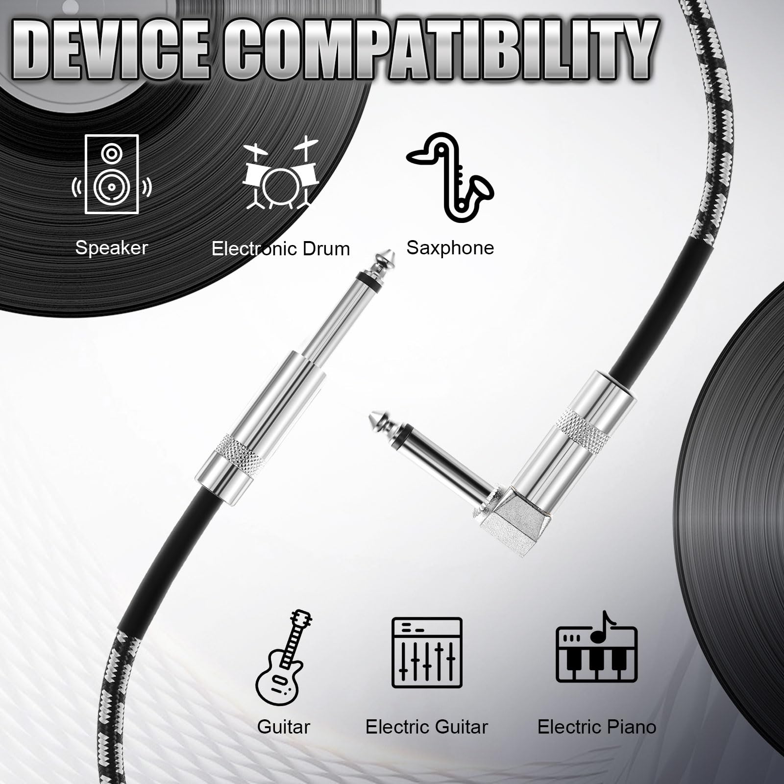 Dunkive 6 Pcs Guitar Cable 10ft Multicolored, Right Angle 1/4″ TS