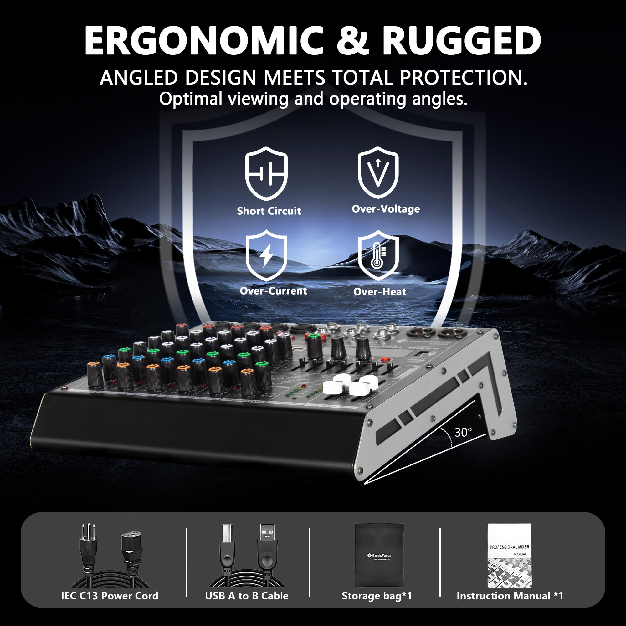SonixForce 6 Channel DJ Audio Mixer, Professional Sound Board Console