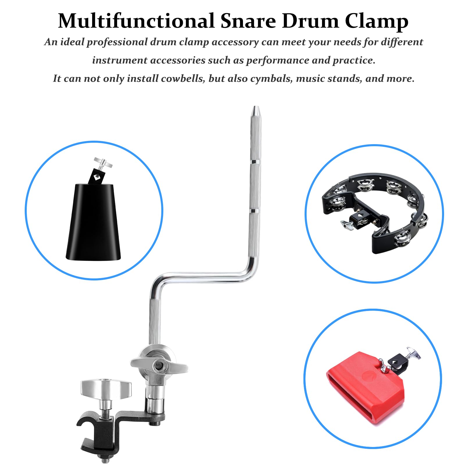 Snare Drum Clamp,Snare Drum Cowbell Clamp With Z Shape Percussion Mount Rod, Cowbell Mount Bracket Mounting Bracket for Cowbells, Cowbell For Drum Set, Snare Drum Accessories