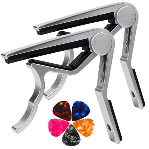 Guitar Capo for Acoustic Electric Guitars, 2PC Capo Guitar Clamp Kapo with 5 Picks, Unique Design for Bass Guitar Ukulele, Silver