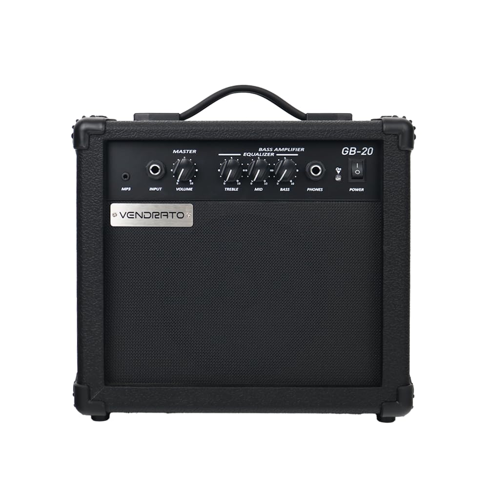 Vendrato Electric Bass Amplifier 20w amp Black Color Multi Band Treble Middle bass mp3 Headphone Jack Portable for Starter Beginner Practice Travel bass Amp noiseless Cable Picks and Adapter with
