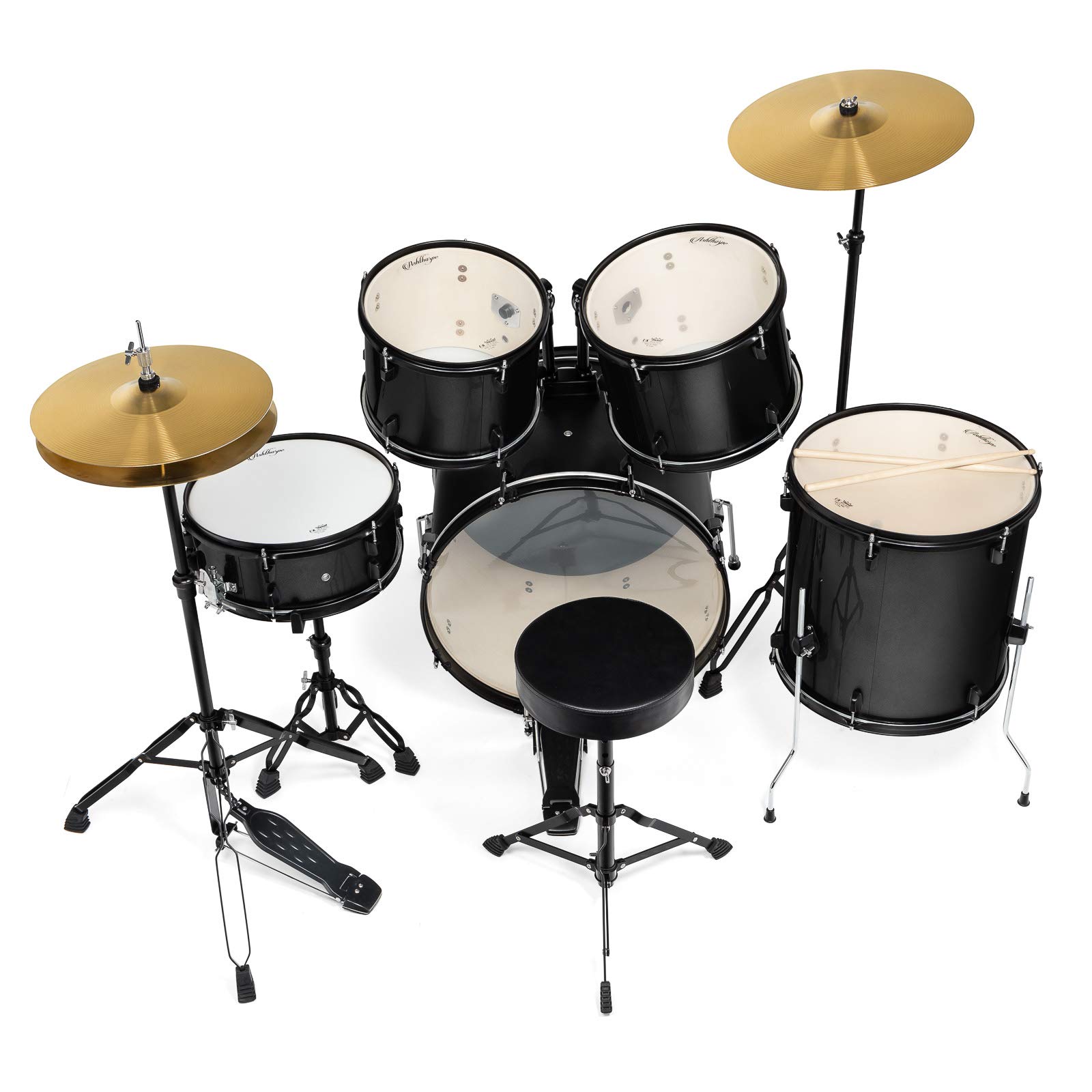 Ashthorpe 5-Piece Complete Full Size Adult Drum Set with Remo Batter Heads – Black