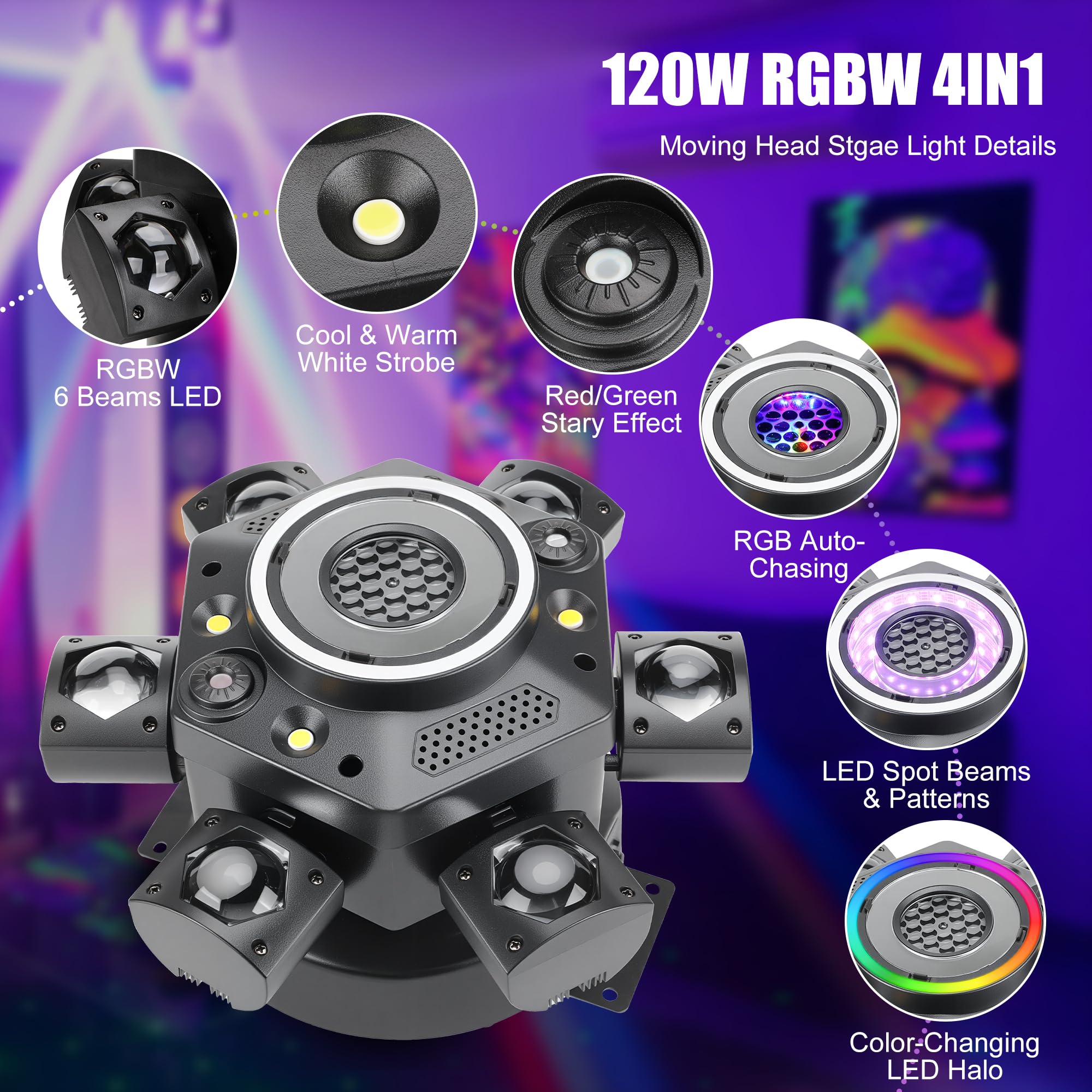 Sklydron Moving Head DJ Lights with Abyss Tunnel Beam Effect,540°X & 180°Y Multi-head rotating beam,6-Arm Stage Lights with Ring Light Supports Starlight,Sound Activated for Disco Club Wedding Party