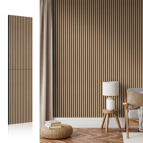 AKK-Star Wood Slat Acoustic Panels,Foldable 3D Textured Noise Reduction Wall Panels – Soundproof for Living Room, Studio, Office, 16# Oiled Oak(1 Pack, 94.4″x23.6″x0.7″, 15.5ft²)