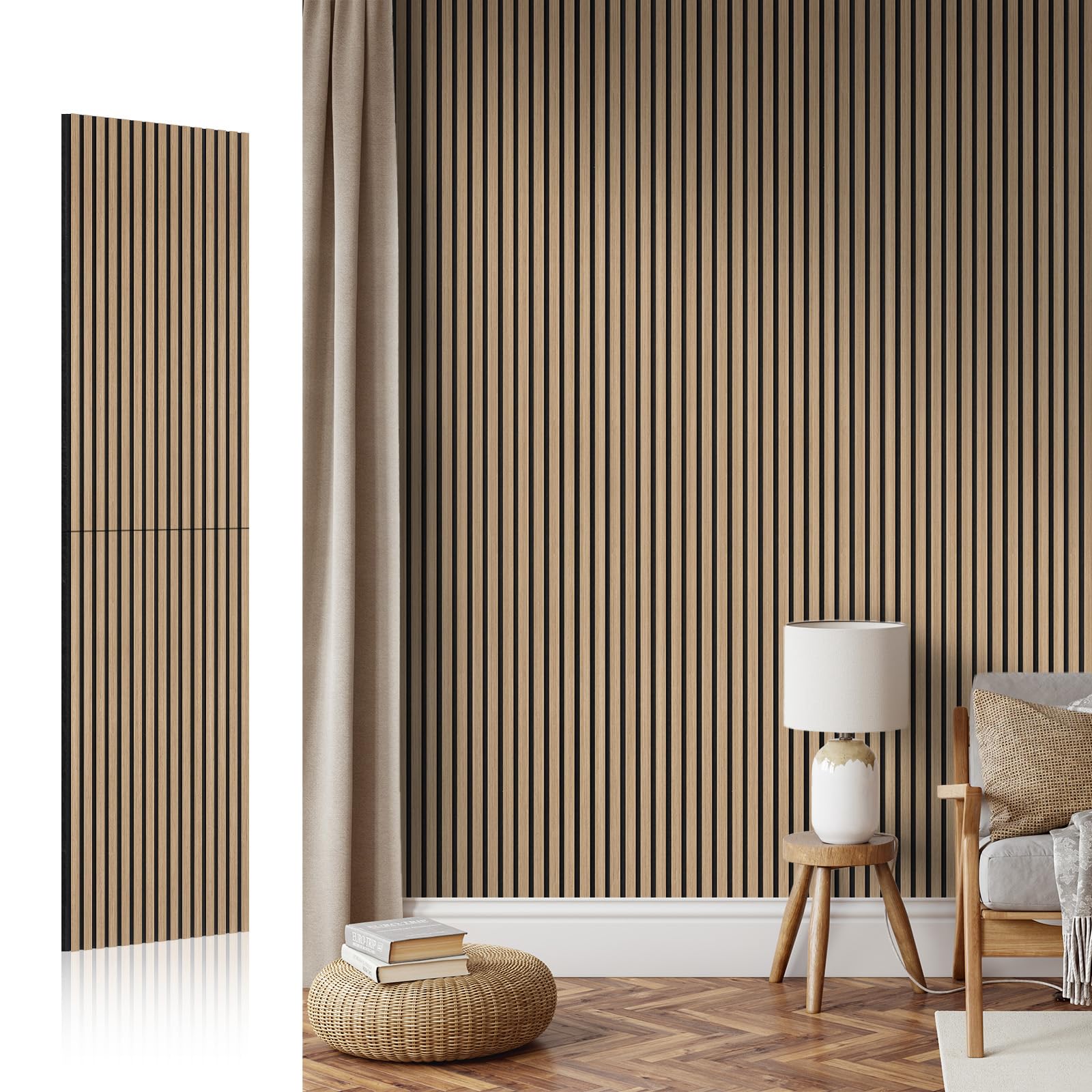 AKK-Star Wood Slat Acoustic Panels,Foldable 3D Textured Noise Reduction Wall Panels – Soundproof for Living Room, Studio, Office, 16# Oiled Oak(1 Pack, 94.4″x23.6″x0.7″, 15.5ft²)