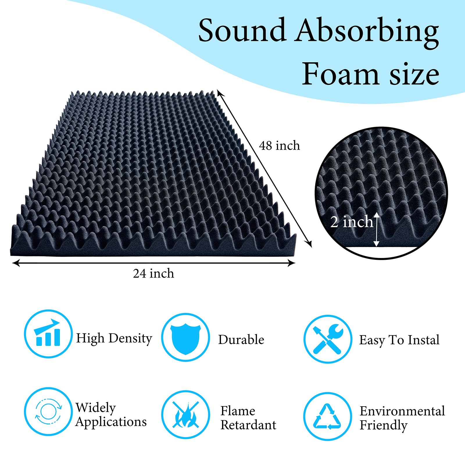Evovoce Sound Dampening Foam Panels, 2 Pack 48″ x 24″ x 2″ High Density Egg Crate Foam, Acoustic Sound Proofing Wall Panels for Noise Reduction, Recording Studio, Gaming