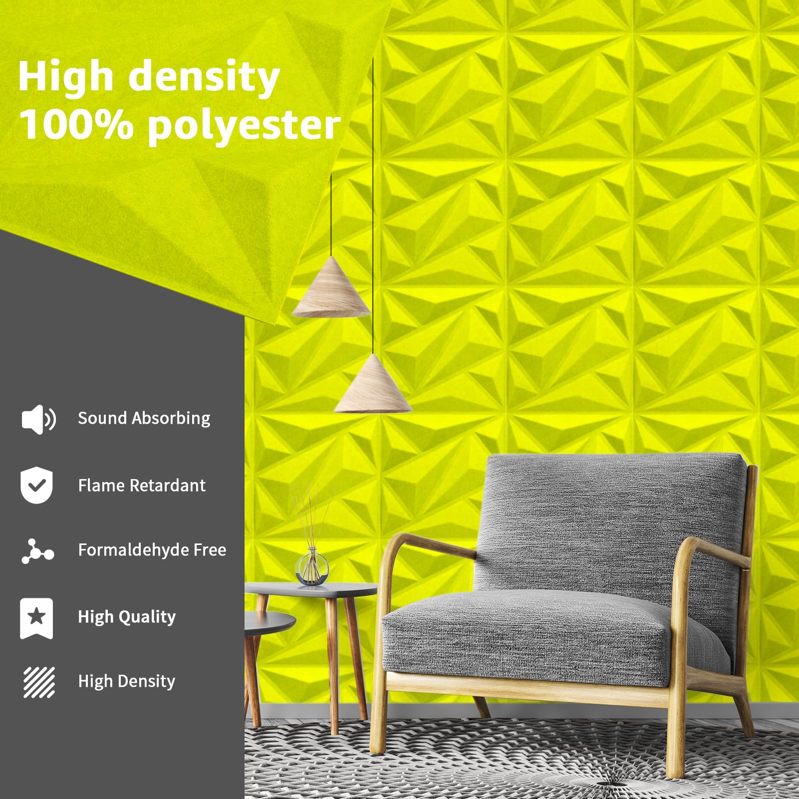 Art3dwallpanels Acoustic Panels, Fluorescent Green, 20 Pack, 12″ X 12″