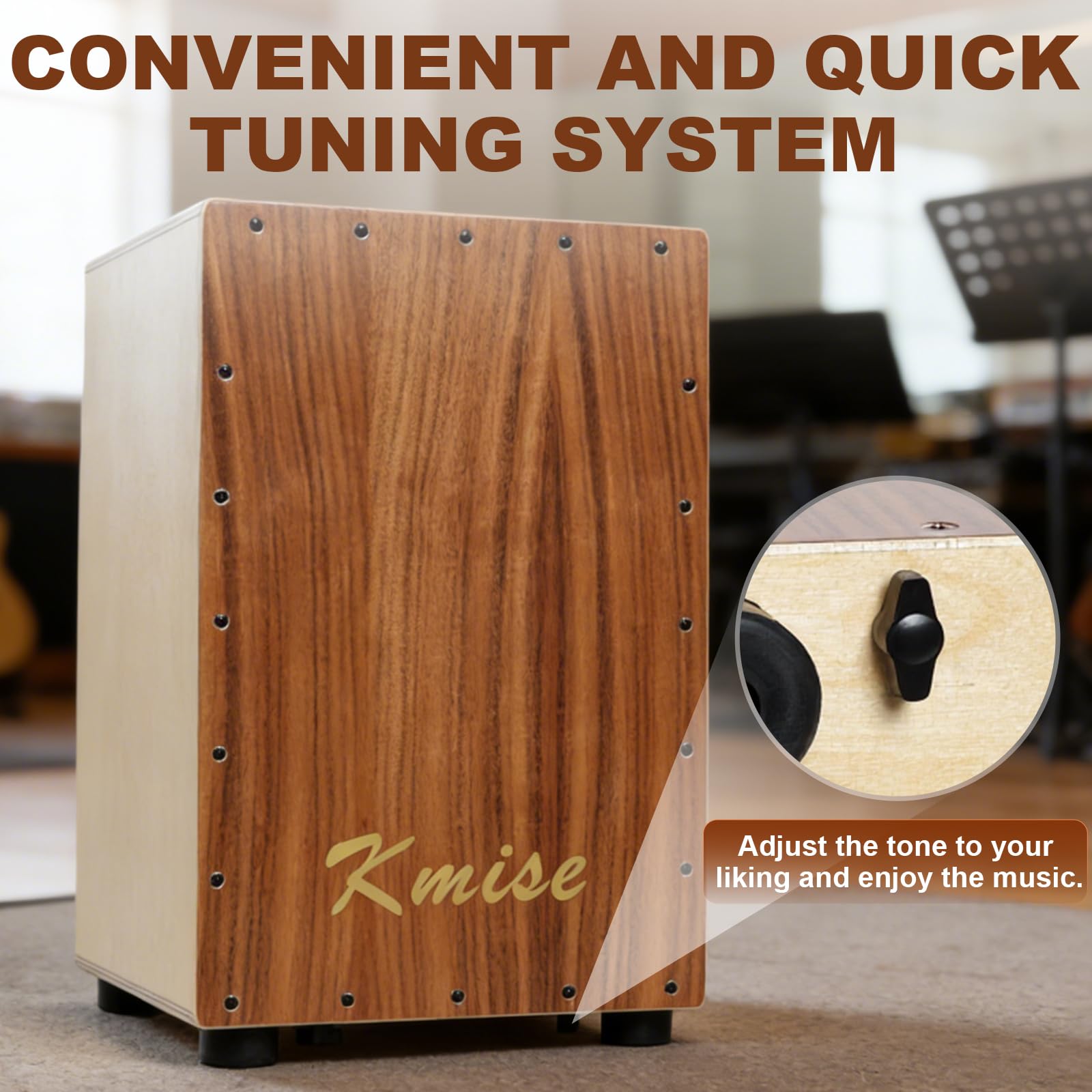 Kmise Portable Cajon Drum Box, 11.8×12.2×19″ Adjustable Snare Cajons Drums, Solid Acacia & Birch Wood, Percussion Instrument Gift for Adults Kids, With Carry Bag,for Home Live Performance Practice