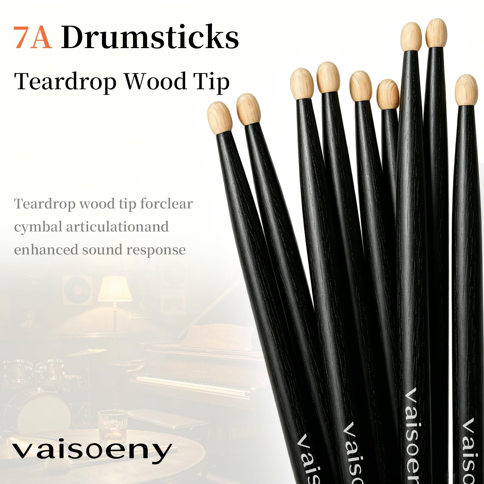 VAISOENY Drum Sticks 7A, 6 Pairs Lacquered Maple Wood Drum Sticks (Black)